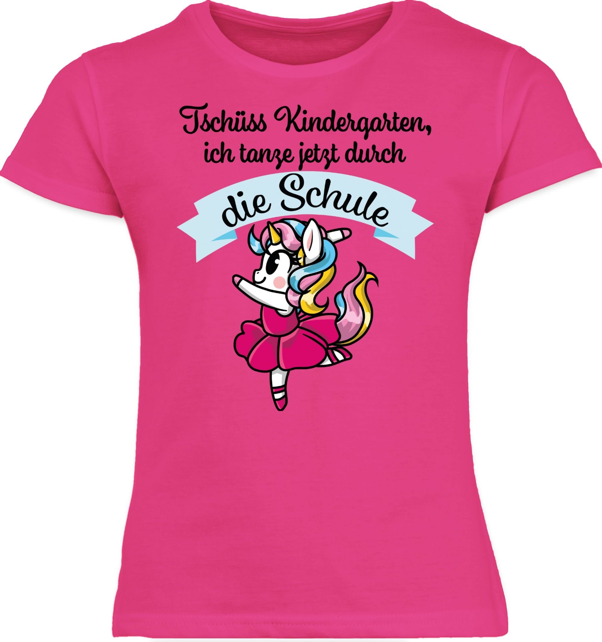Shirtracer T-Shirt Tschüss Kindergarten ich tanze jetzt durch die Schule Einhorn Ballett Einschulung Mädchen 1 Fuchsia
