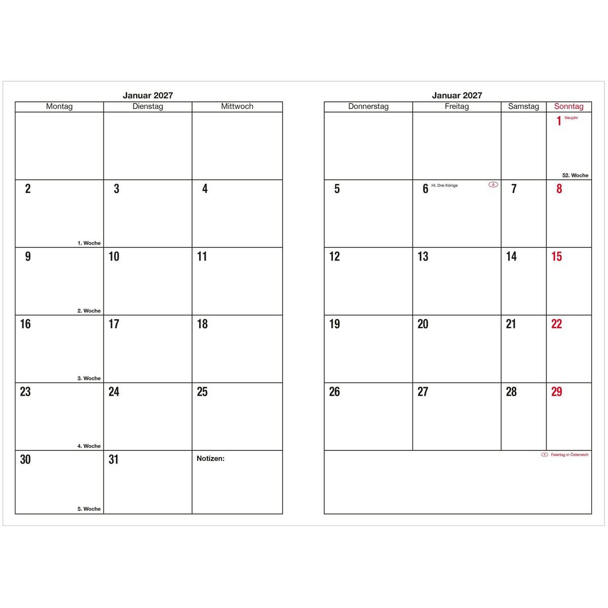 GÜSS Kalender Terminplaner Monatsübersicht Ringbucheinlage A5 4-fach gelocht Kalendarium 2027