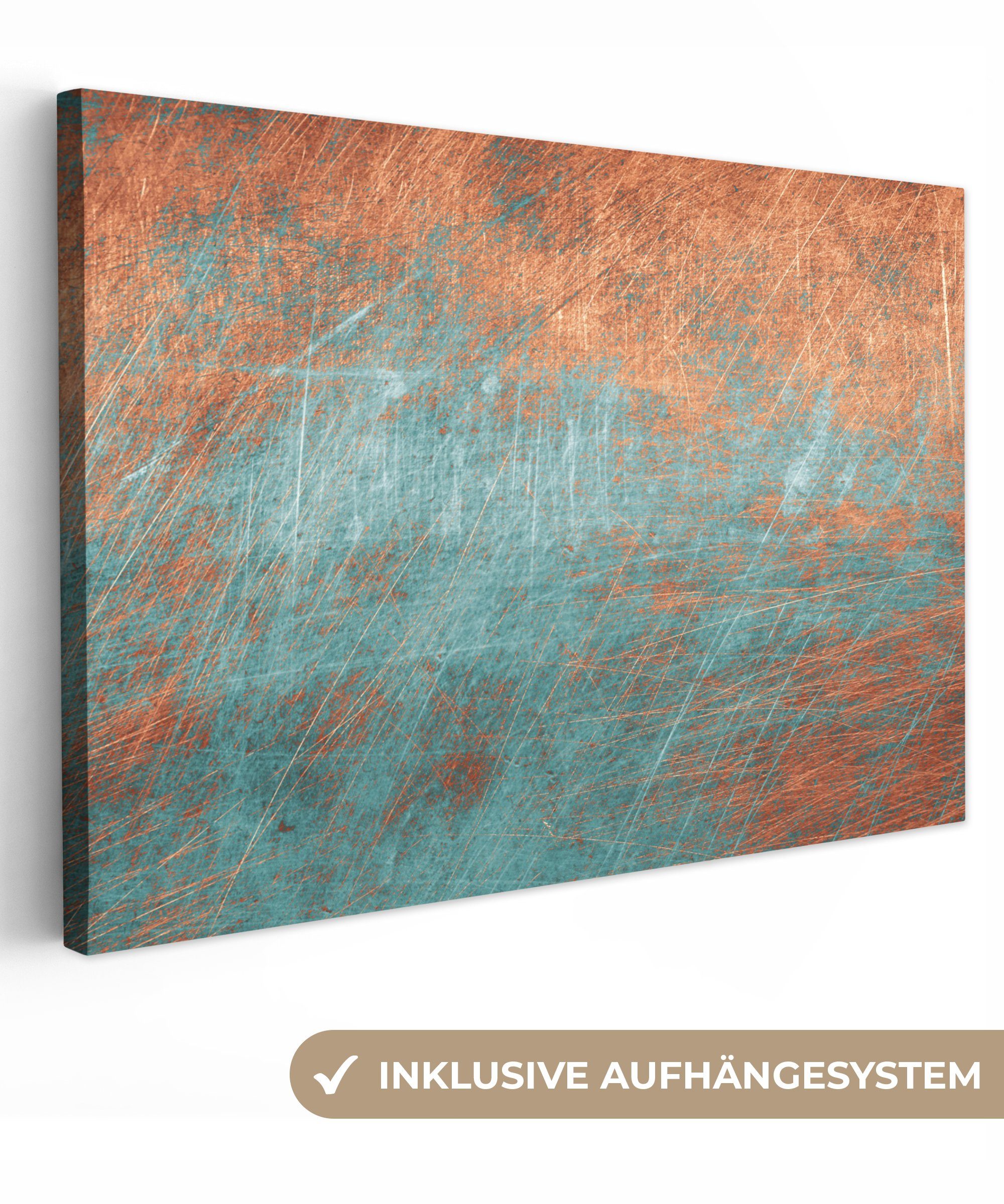 OneMillionCanvasses® Leinwandbild Metall - Rost - Bronze - Blau - Abstrakt - Struktur, Fotodruck (1 St), Leinwand Bilder Klein, Wand Dekoration Aesthetic 30x20 cm