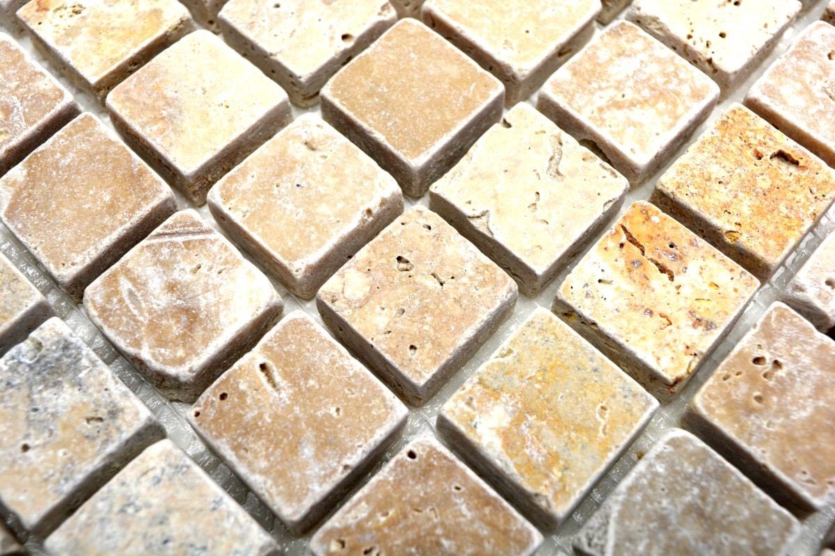 Mosani Bodenfliese Travertin Mosaikfliesen Terrasse Wand braun beige Boden Naturstein