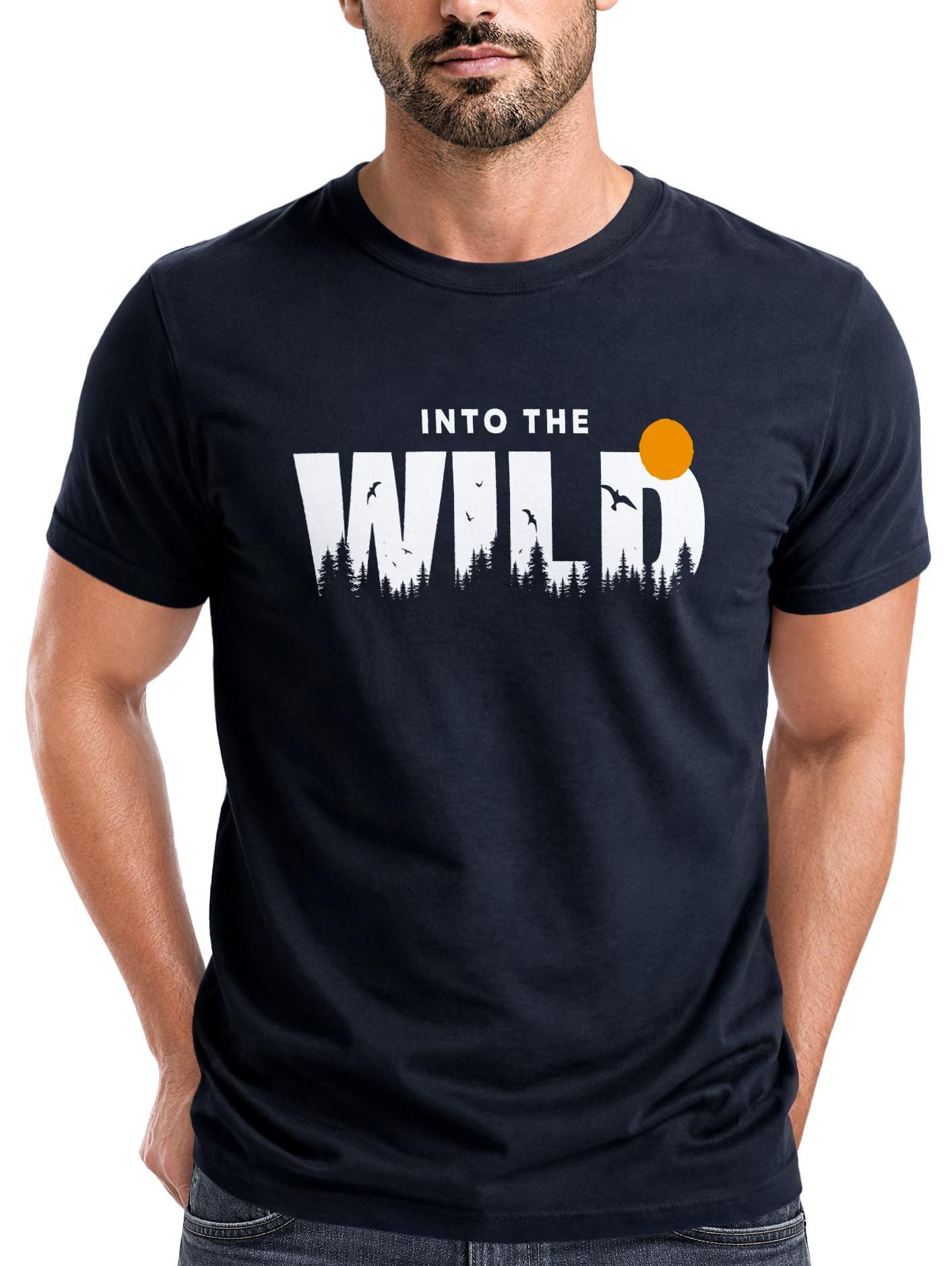 Print-Shirt Herren T-Shirt Brustprint Bedruckt Into the Wild Schriftzug Outdoor
