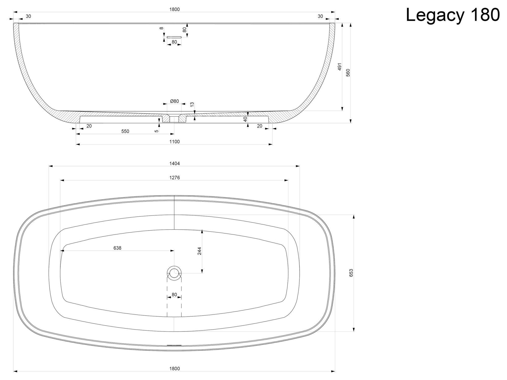 Magnolia Home Badewanne Freistehende Badewanne Legacy 180 Solid Stone Weiß matt