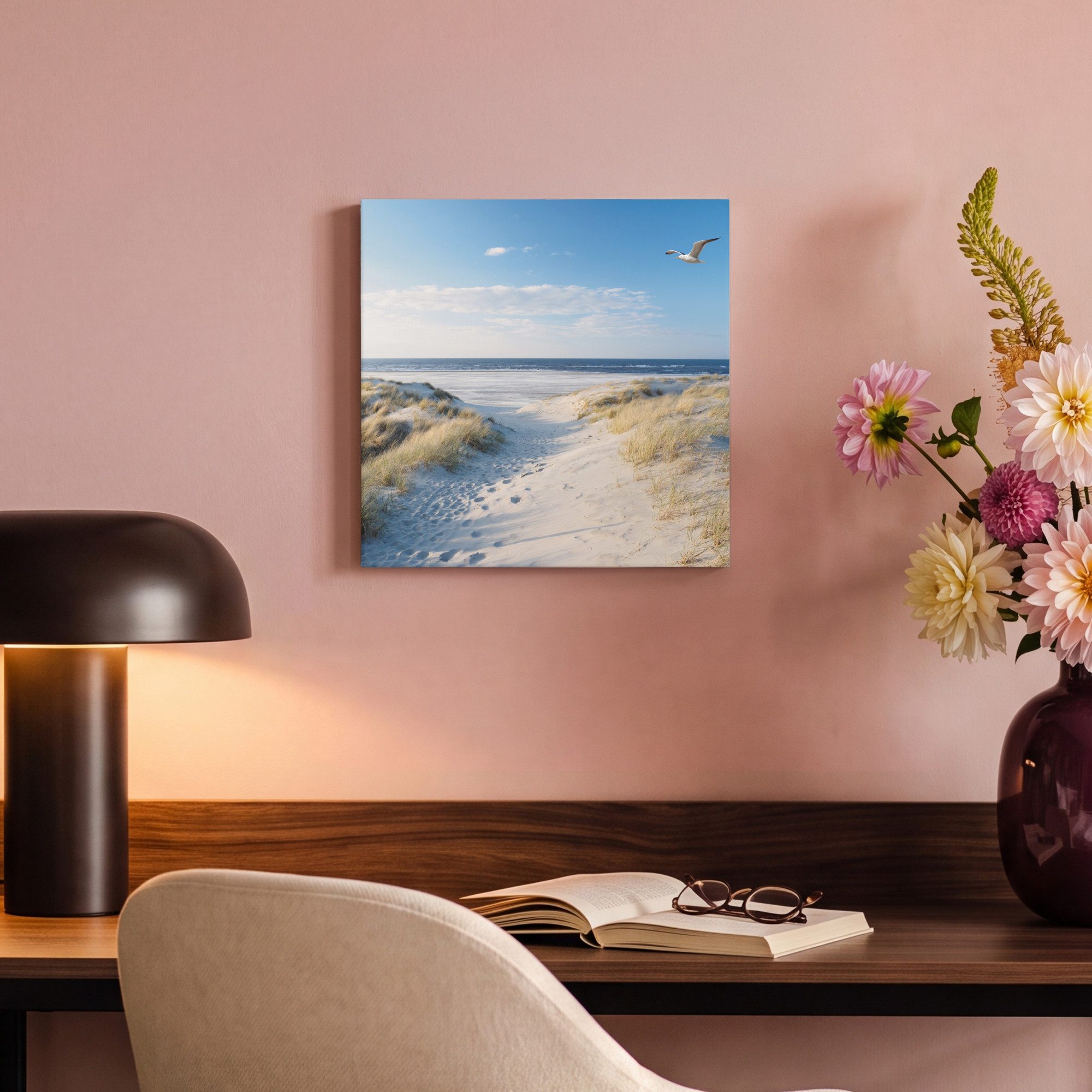 OneMillionCanvasses® Leinwandbild Düne - Möwe - Strand - Meer - Sonne, Fotodruck (1 St), Wandbild, Deko Schlafzimmer Wohnzimmer Flur 20x20 cm – Bild 4 von 5