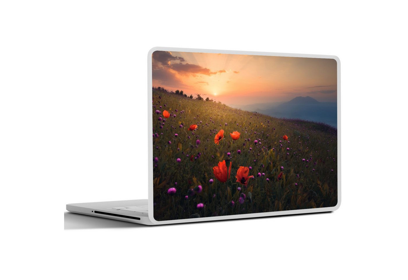 Thumbnail - MuchoWow Laptop-Aufkleber Blumenfeld - Gras - Blumen - Pflanzen - Sonnenuntergang - Orange, (1tlg), Laptop Folien Cover,...