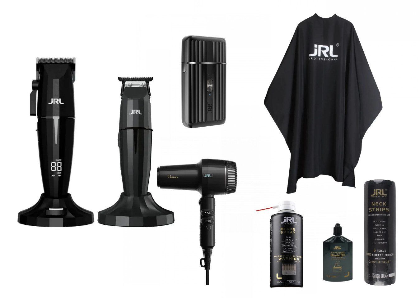 JRL Haarschneider JRL Profi Friseur Set - 1, Komplettset bestehend aus Clipper, Trimmer, Shaver, Haartrockner, Profi Barber Komplettset, kabellos & leistungsstark, ultraleicht