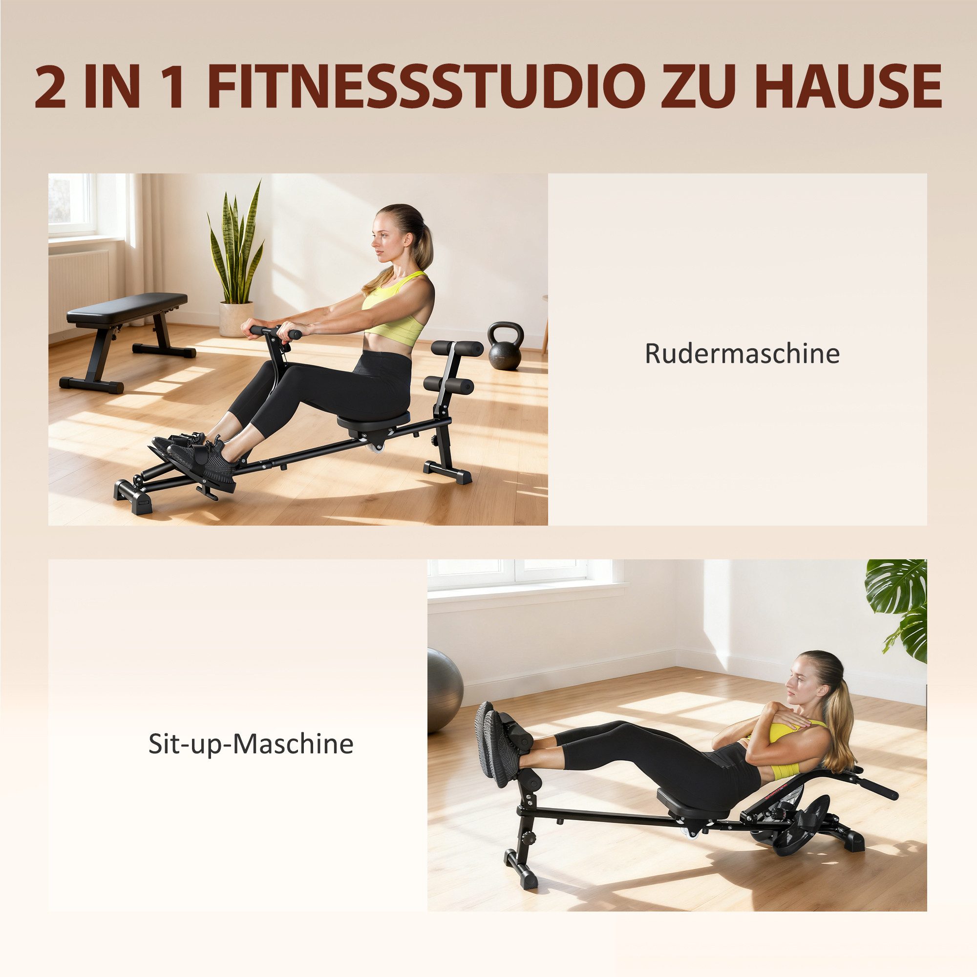 SPORTNOW Rudergerät Rudergerät 2-in-1 mit 12 Widerstandsstufen LCD-Display bis 100kg (2 in 1 Rudermaschine, 1-tlg., leises Rudergeräte für Zuhause), Heimruderge – Bild 4 von 5