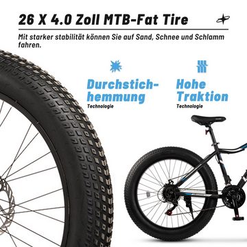CARPAT SPORT Mountainbike 26 Zoll Fat Tire 4.0 MTB für Herren Damen und Jungen, 21 Gang Shimano, Kettenschaltung, mechanische Scheibenbremse, Fat Bike Mountainbike