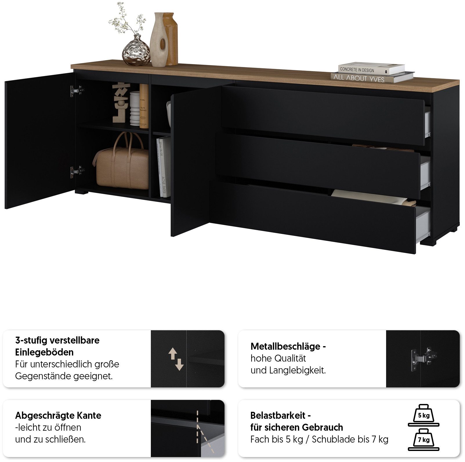 OTTO home Sideboard Modo, Breite 200 cm, moderne grifflose Kommode 2Türen/3 SK, Schubladenkommode mit viel Stauraum, Einlegeböden verstellbar