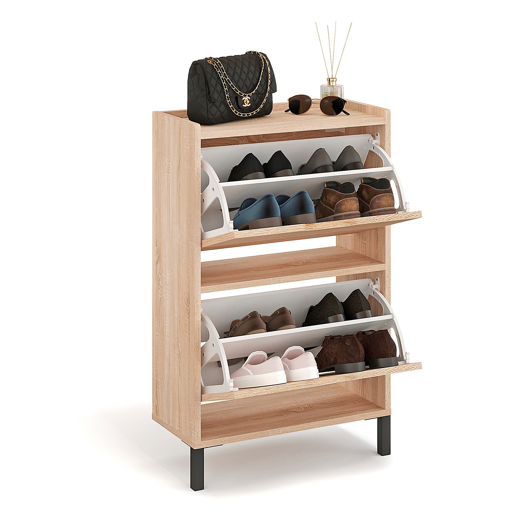 KOMTO Schuhschrank Madrid 2 Schmal Schuhregal Geschlossen mit 2 Klappen