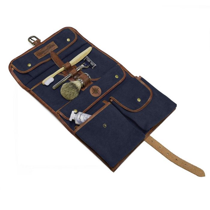 DRAKENSBERG Kulturbeutel Kulturtasche "Sid" Marine-Blau rollbare Waschtasche im Vintage-Design zum Aufhängen handgemacht aus Canvas und Leder