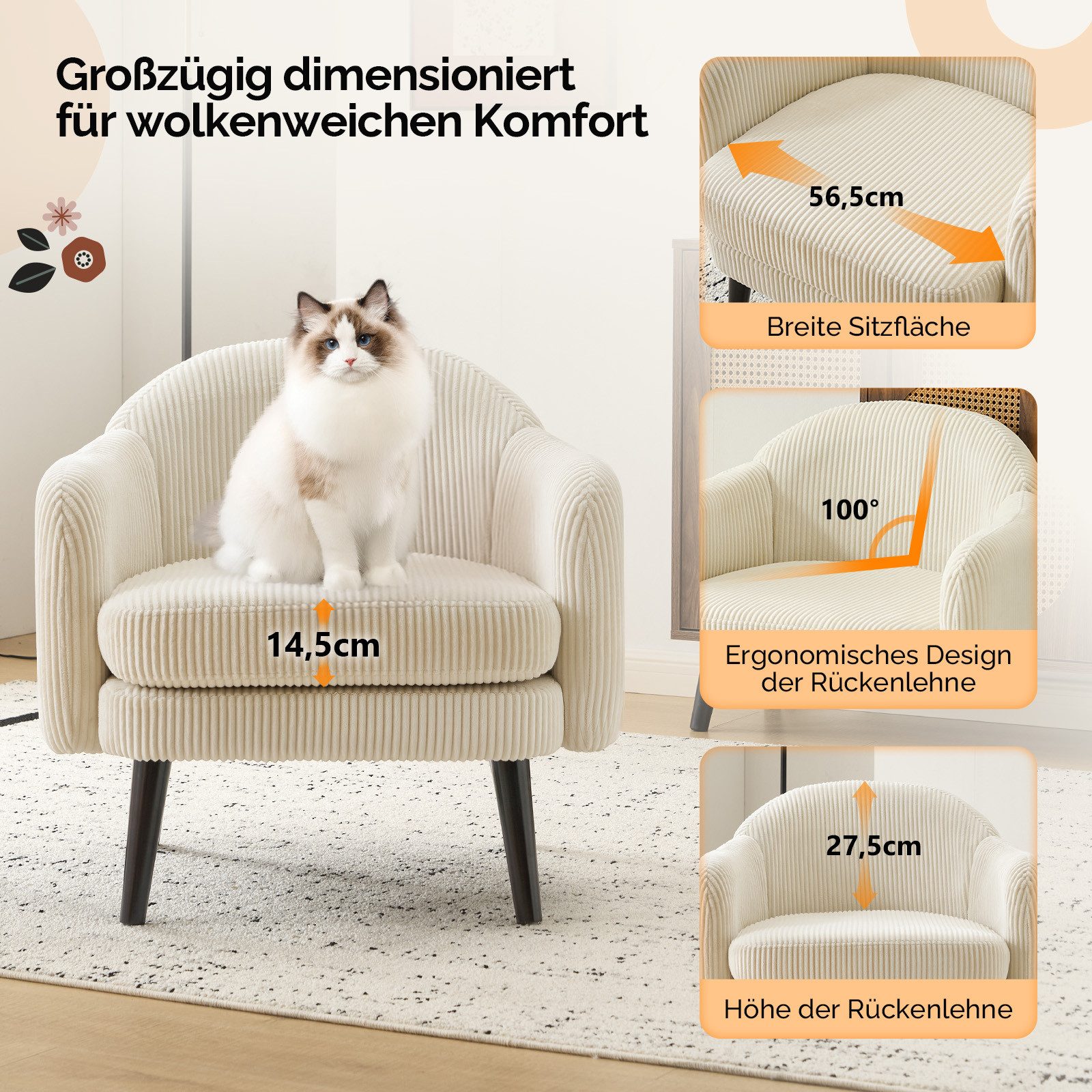 VINGLI Ohrensessel Cocktailsessel aus Cord, Moderner Loungesessel für Wohnzimmer, Holzbeine, Abnehmbares Sitzkissen & Armlehnen – Bild 3 von 5