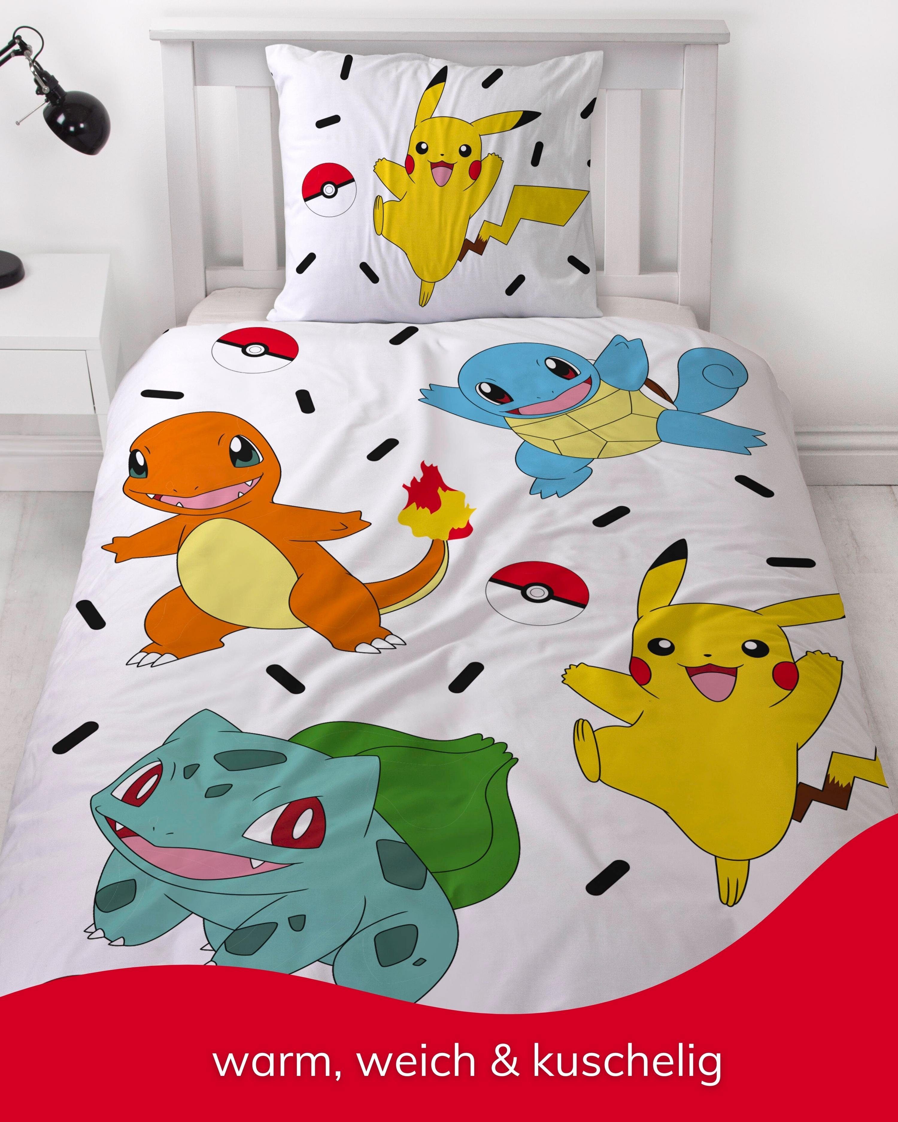 MTOnlinehandel Bettwäsche Pokémon 135x200 + 80x80 cm, 100 % Baumwolle Biber oder Renforcé, Flanell, 2 teilig, Pikachu & Friends Game für Kinder, Teenager, Jugen – Bild 5 von 5