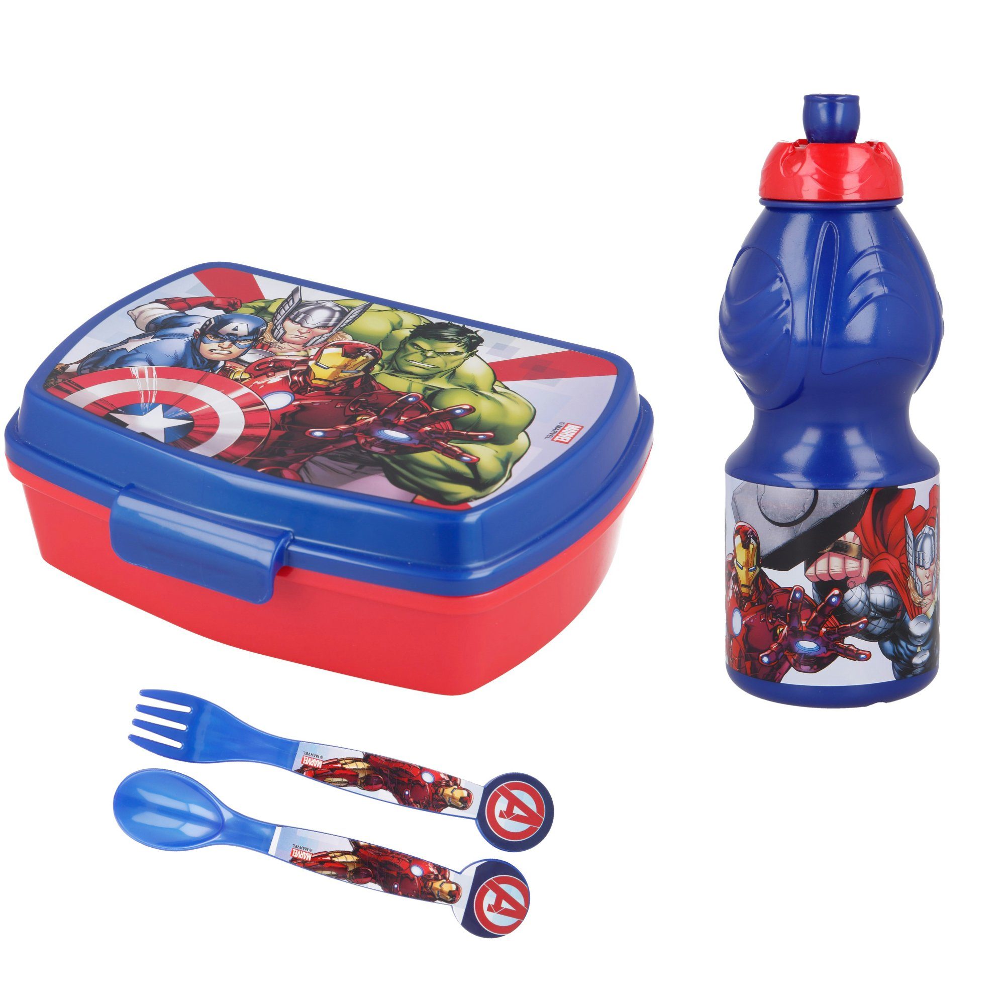 MARVEL Lunchbox Avengers 4 teiliges Lunch Set - Brotdose Trinkflasche Besteck, (4-tlg)