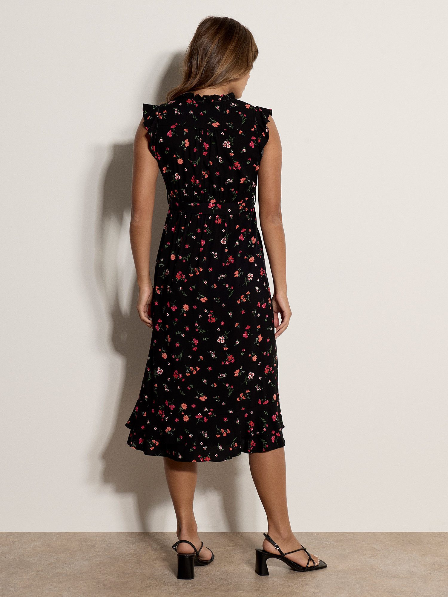 Apricot Midikleid Geblümtes Midi-Kleid mit Rüschen und Gürtel