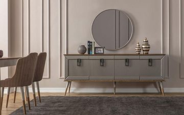 JVmoebel Essgruppe Helle Esszimmer Garnitur Robuster Esstisch Luxuriöses Sideboard 9tlg, (9-tlg., 1x Esstisch+6x Stühle+1x Sideboard+1x Spiegel), Made in Europa