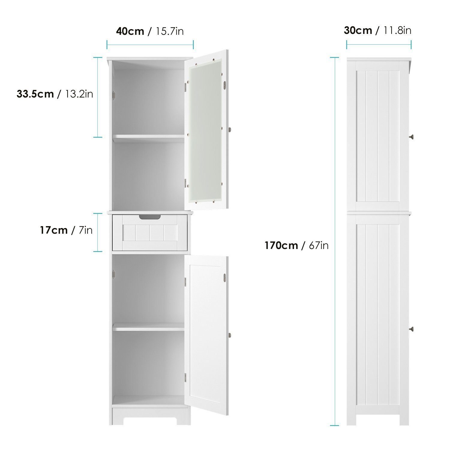 Badezimmer HOMECHO mit Hochschrank Weiß Schublade Türen Schmal und