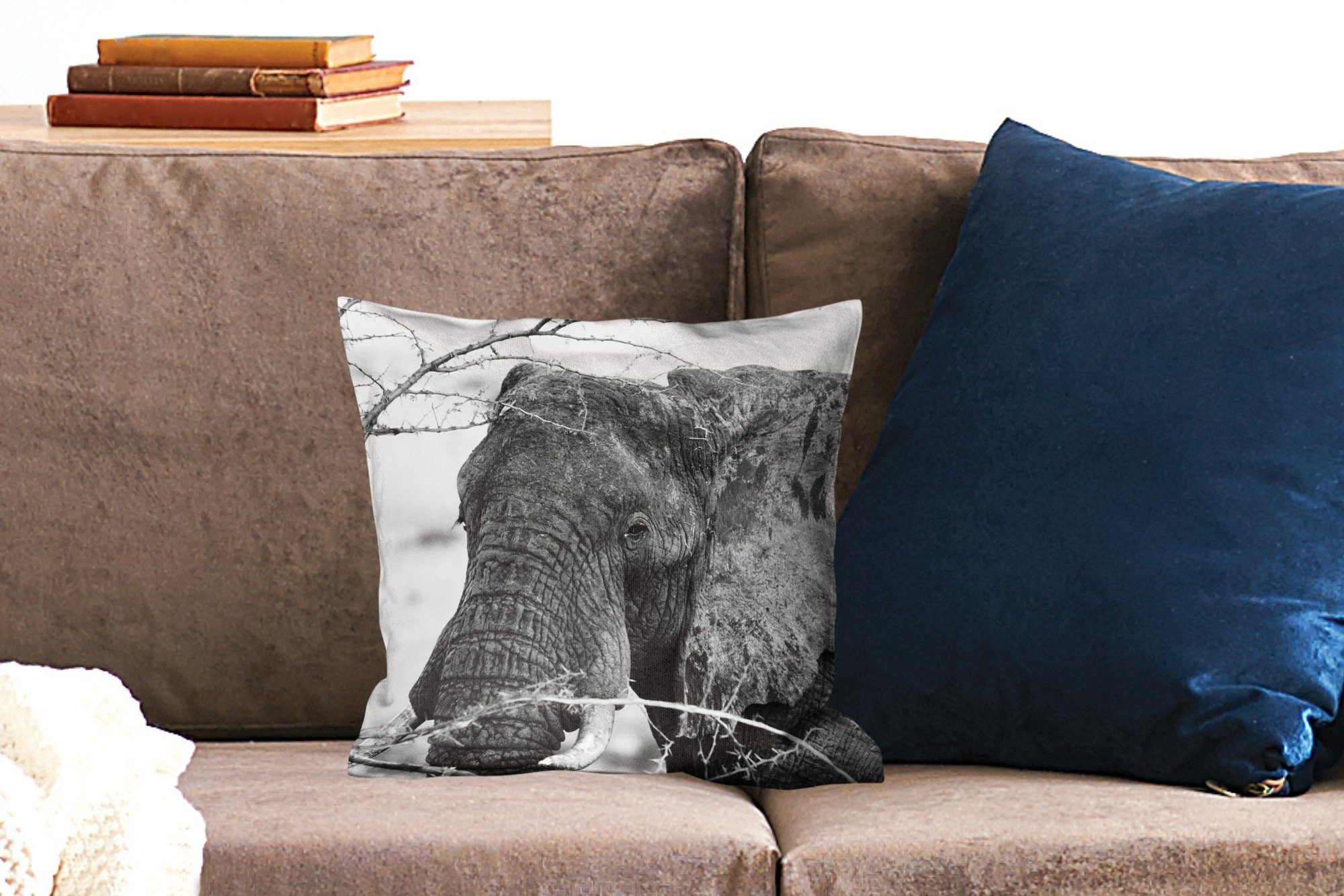 Sofakissen für weiß, Natur - - MuchoWow - Füllung Elefant Zierkissen Deko, mit und Äste Schlafzimmer, Dekokissen Wohzimmer, Schwarz - Tiere