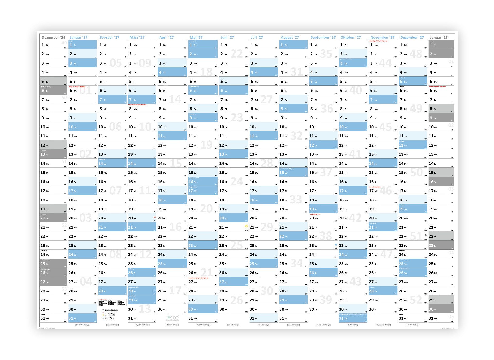 LYSCO Wandkalender XXL Wandplaner DIN A0 2027 Kalender mit extra großen Tageskästchen, Format 841 x 1189 mm mit 14 Monate - von Dezember 2026 bis Januar 2028, (Kalender werden gerollt geliefert)