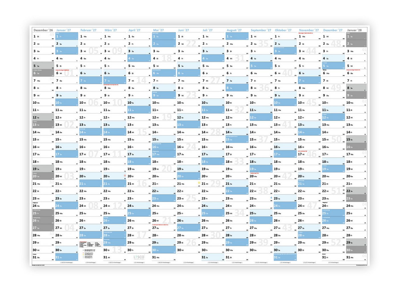 LYSCO Wandkalender XXL Wandplaner DIN A0 2027 Kalender mit extra großen Tageskästchen, Format 841 x 1189 mm mit 14 Monate - von Dezember 2026 bis Januar 2028, (Kalender werden gerollt geliefert)