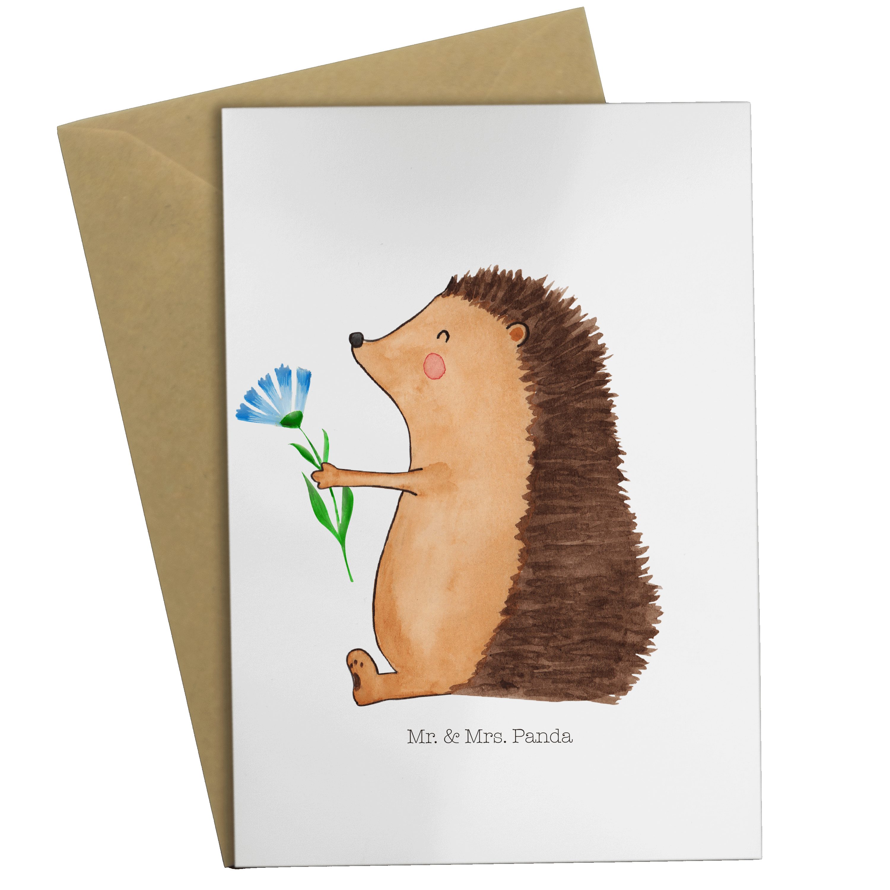 Mr. & Mrs. Panda Grußkarte Igel mit Blume - Weiß - Geschenk, Gute Laune, Genesungswünsche, Gute