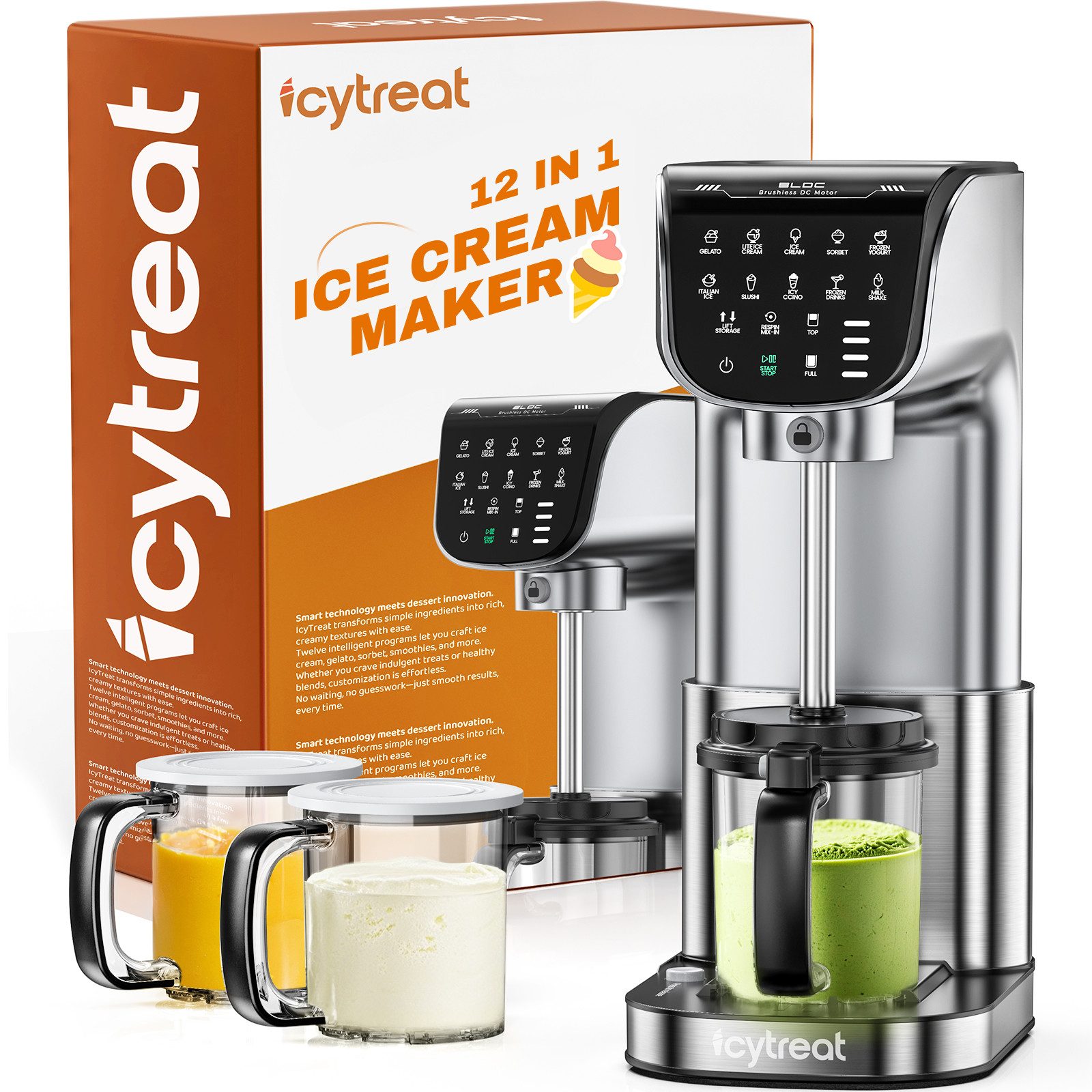 IcyTreat Eismaschine IcyTreat IC-1010 EU 12-in-1 540 ml * 3, 1,6 l, 500 W, inklusive Rezeptheft + Messlöffel, 12 One-Touch-Programme