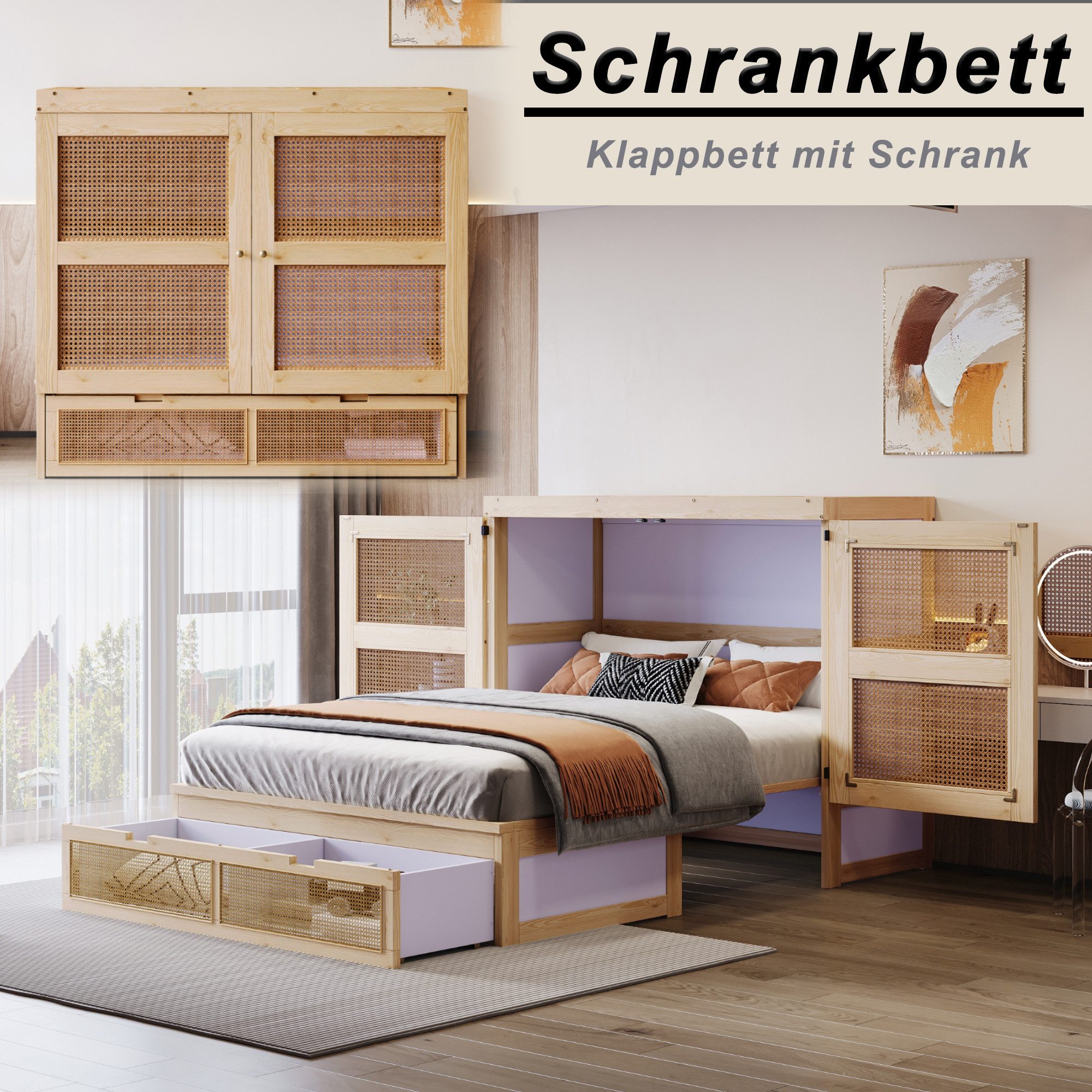Polsterbett Jugendbett Schrankbett Stauraum Lattenrost Schubladen Rattan 140x200cm