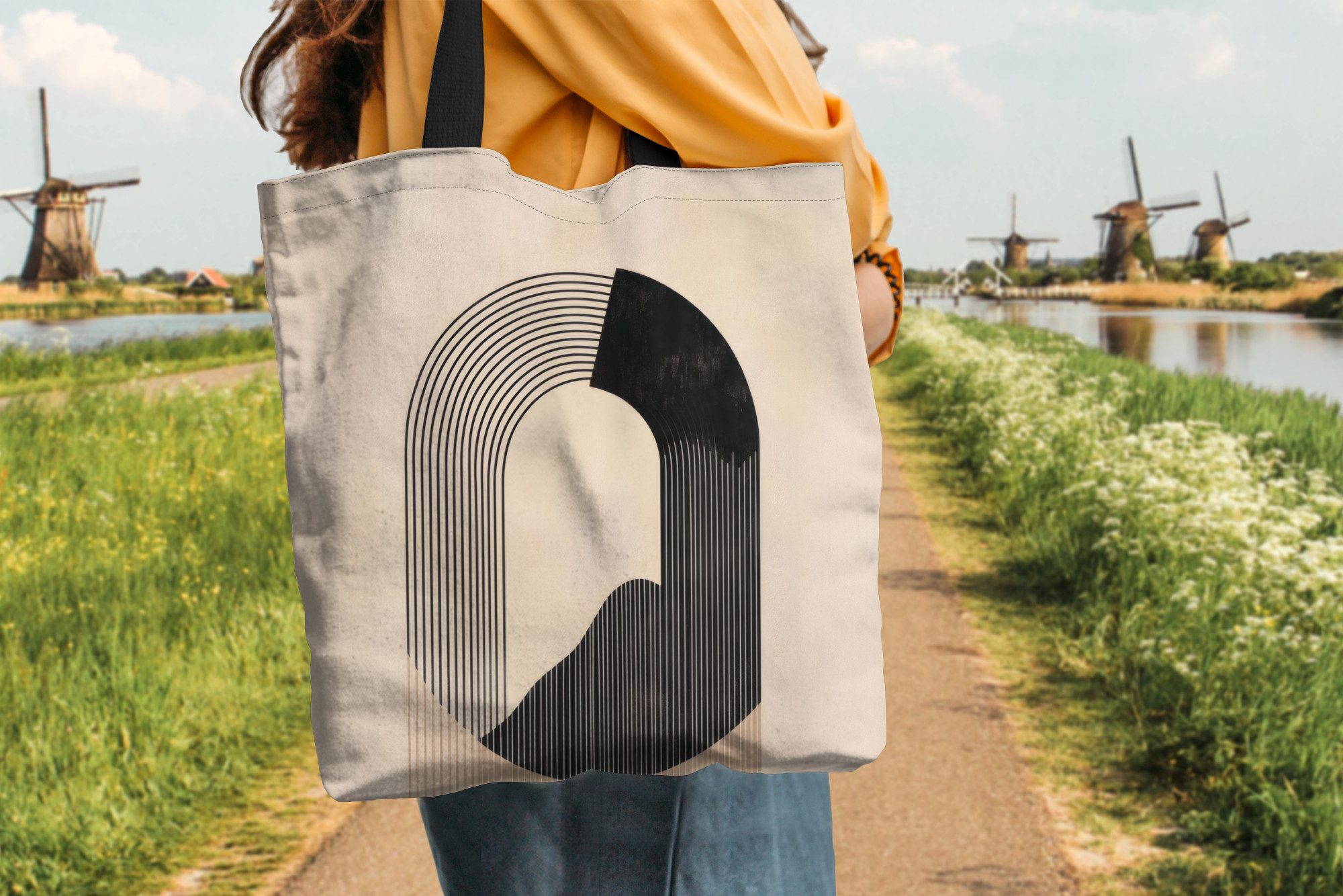 MuchoWow Shopper Grafisches geschwungenes Muster - Beige, Handtasche, Damen und Herren, Schultertasche, Umhängetasche, Tote Bag