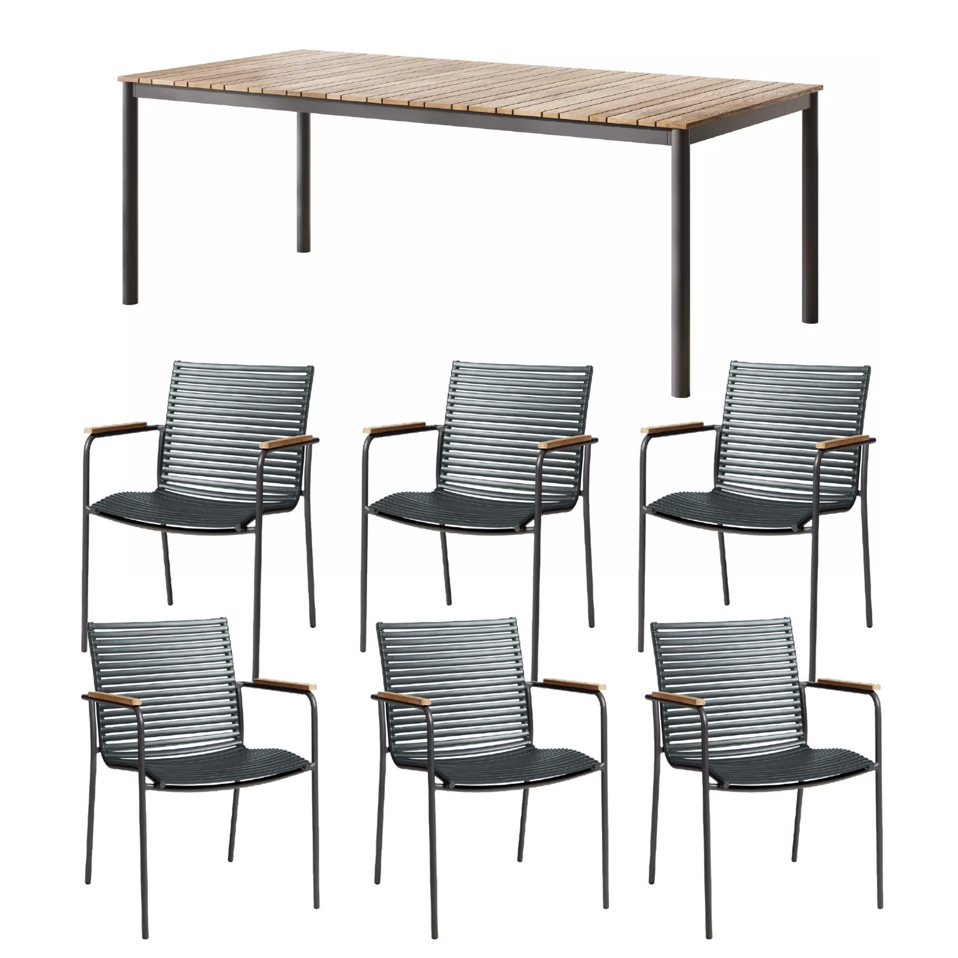 Cinas Garten-Essgruppe Mood Classic Outdoor-Set, Tischplatte Teakholzleisten, Stapelstühle, (Spar-Set, 7-tlg), für 6 Personen, Sitz/Rückenfläche Kunststoff-Lamellen