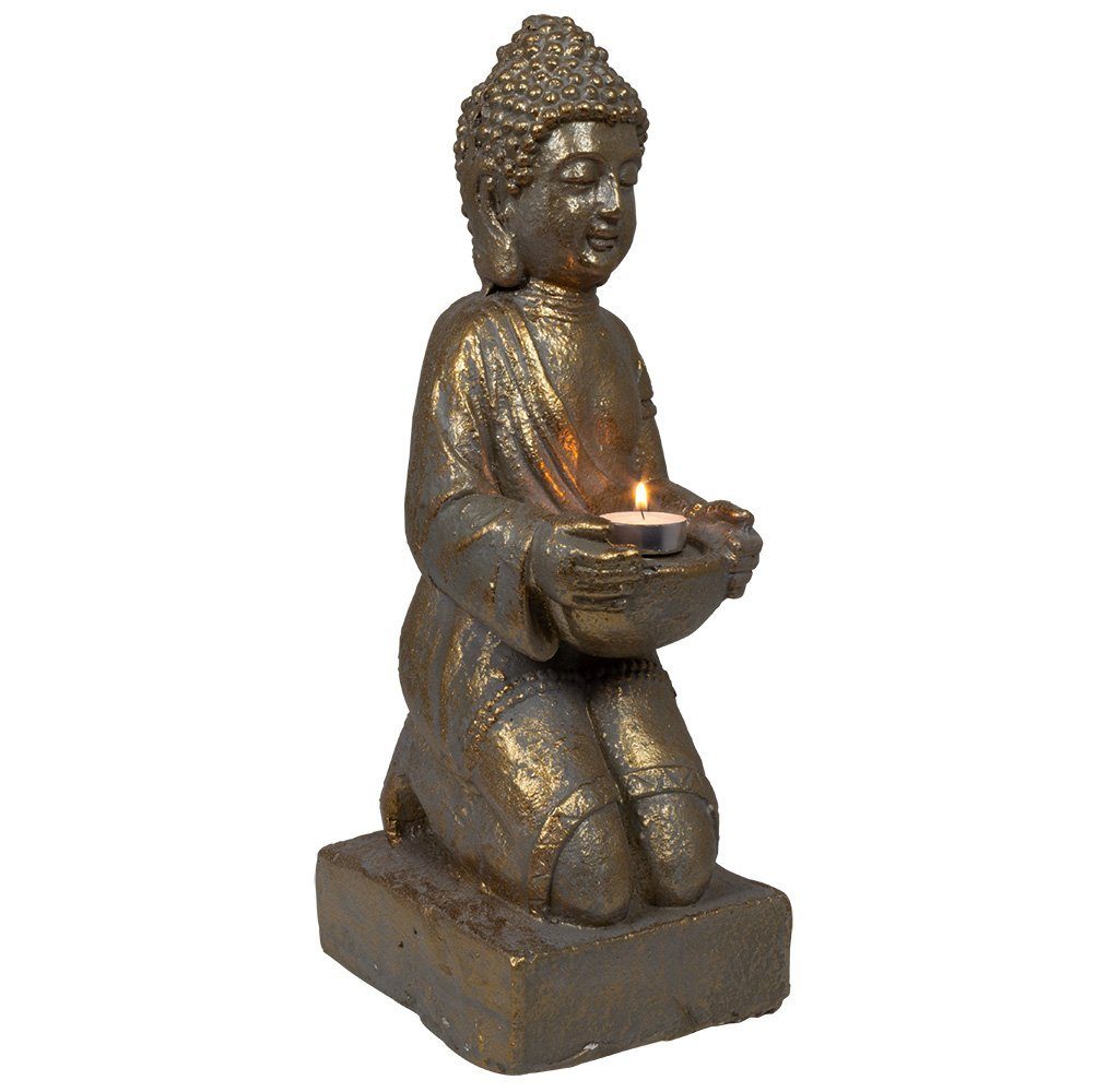 Trendyshop365 Buddhafigur 35cm Feng-Shui Dekofigur Garten Buddha Statue (1 St), wetterfest in Bronzeoptik mit Teelichthalter
