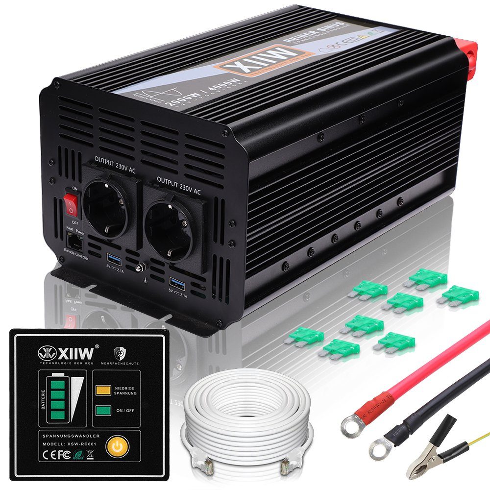 XERSEK Spannungswandler Spannungswandler Reiner Sinus Wechselrichter 2USB  Power inverter, 1000W/2000W,12V-230V