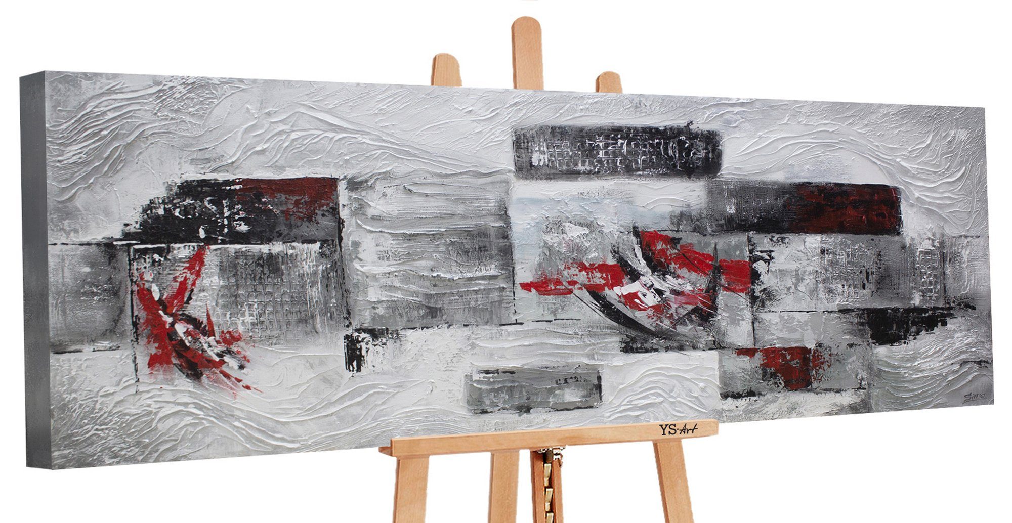 YS-Art Gemälde Abstraktion IV, Abstrakt, Leinwand Bild Handgemalt Abstrakt Rot Grau Kästchen