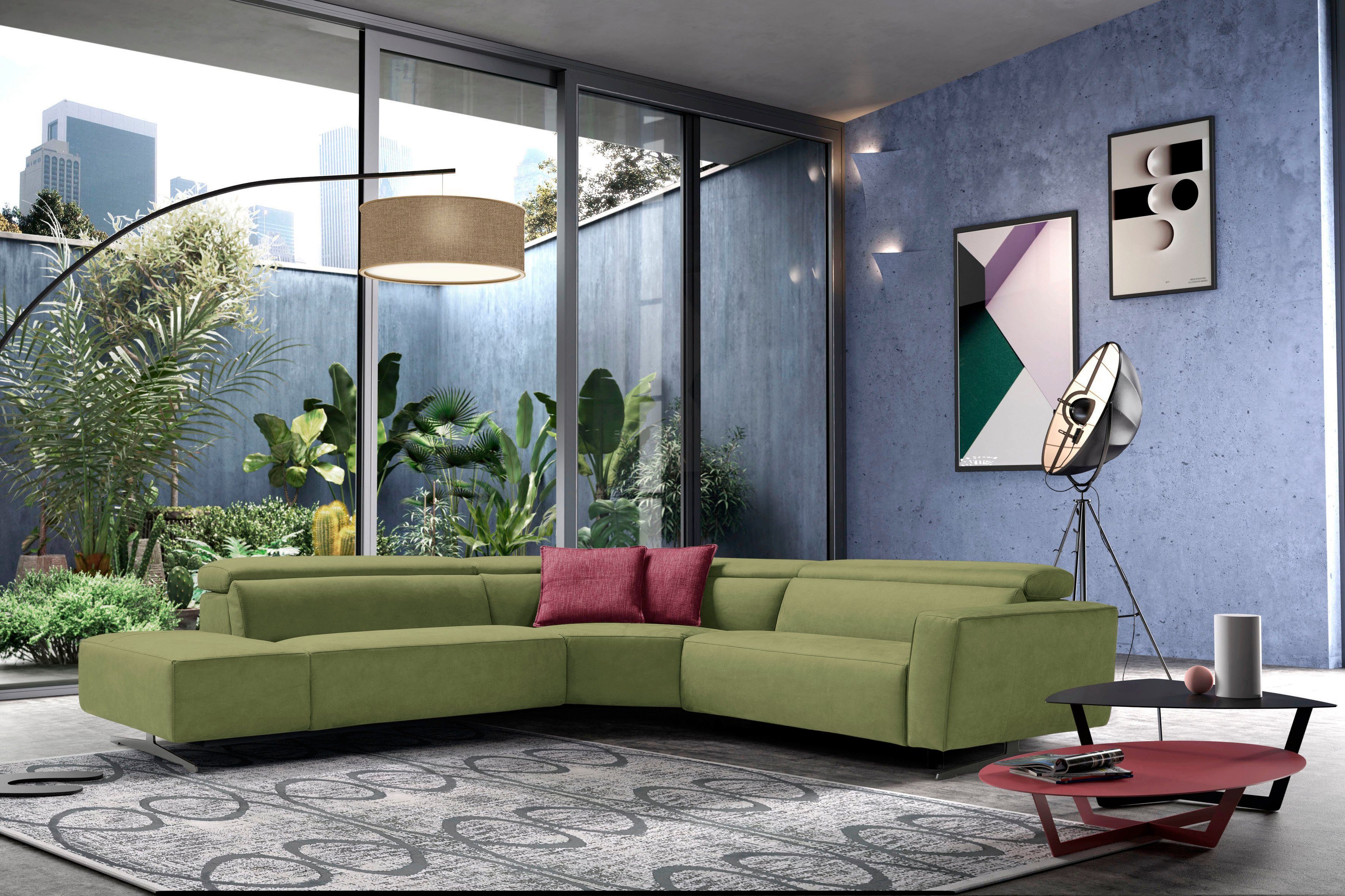 Egoitaliano Ecksofa Stefanie-e, Designsofa der Extraklasse, bequem mit hohem Sitzkomfort, mit Relaxfunktion und verstellbaren Kopfteilelementen