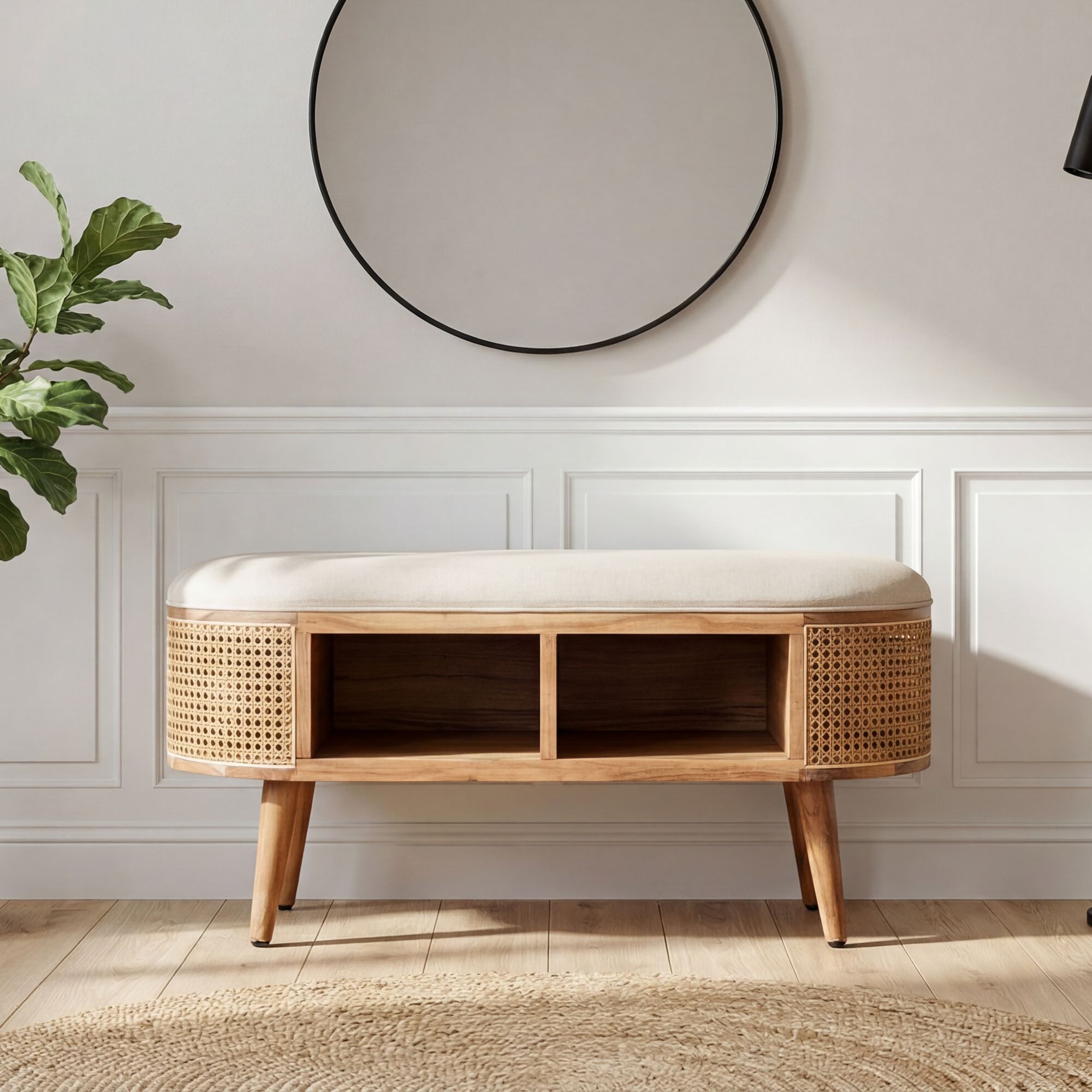 FINEBUY Sitzbank FB114016 Polsterbank aus Massivholz mit Stauraum und Wiener Geflecht (Komfortable Polsterbank für deinen Flur), Clevere Fächer für mehr Ordnung im Alltag