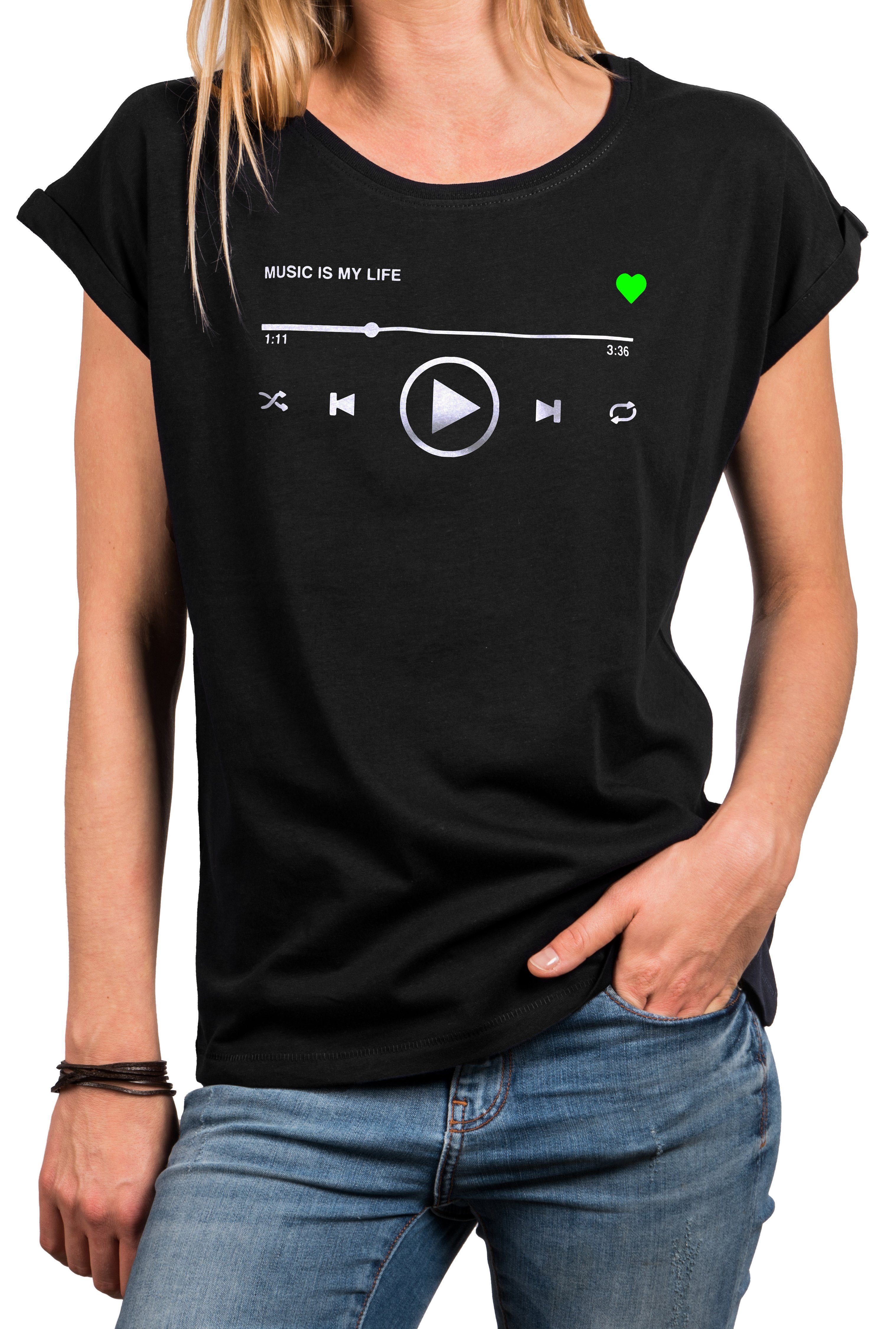 Aufdruck Schwarz Kurzarm Musik Print-Shirt große Größen Motiv Baumwolle Sommer Damen Top Kurzarmshirt, MAKAYA