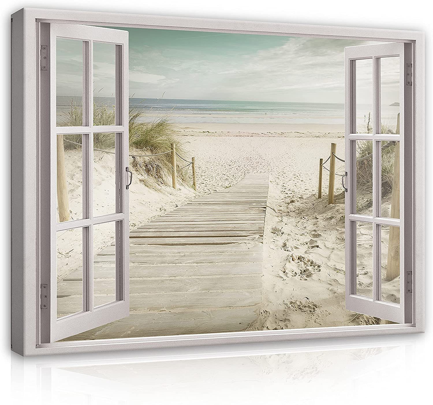Wallarena Leinwandbild Fensterblick Natur Strand Fenster, Wandbilder Leinwandbilder Modern Canvas Kunstdruck Bild Auf Leinwand Bilder für Wohnzimmer Schlafzimmer, (Einteilig), Aufhängefertig