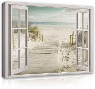 Wallarena Leinwandbild Fensterblick Natur Strand Fenster, Wandbilder Leinwandbilder Modern Canvas Kunstdruck Bild Auf Leinwand Bilder für Wohnzimmer Schlafzimmer, (Einteilig), Aufhängefertig