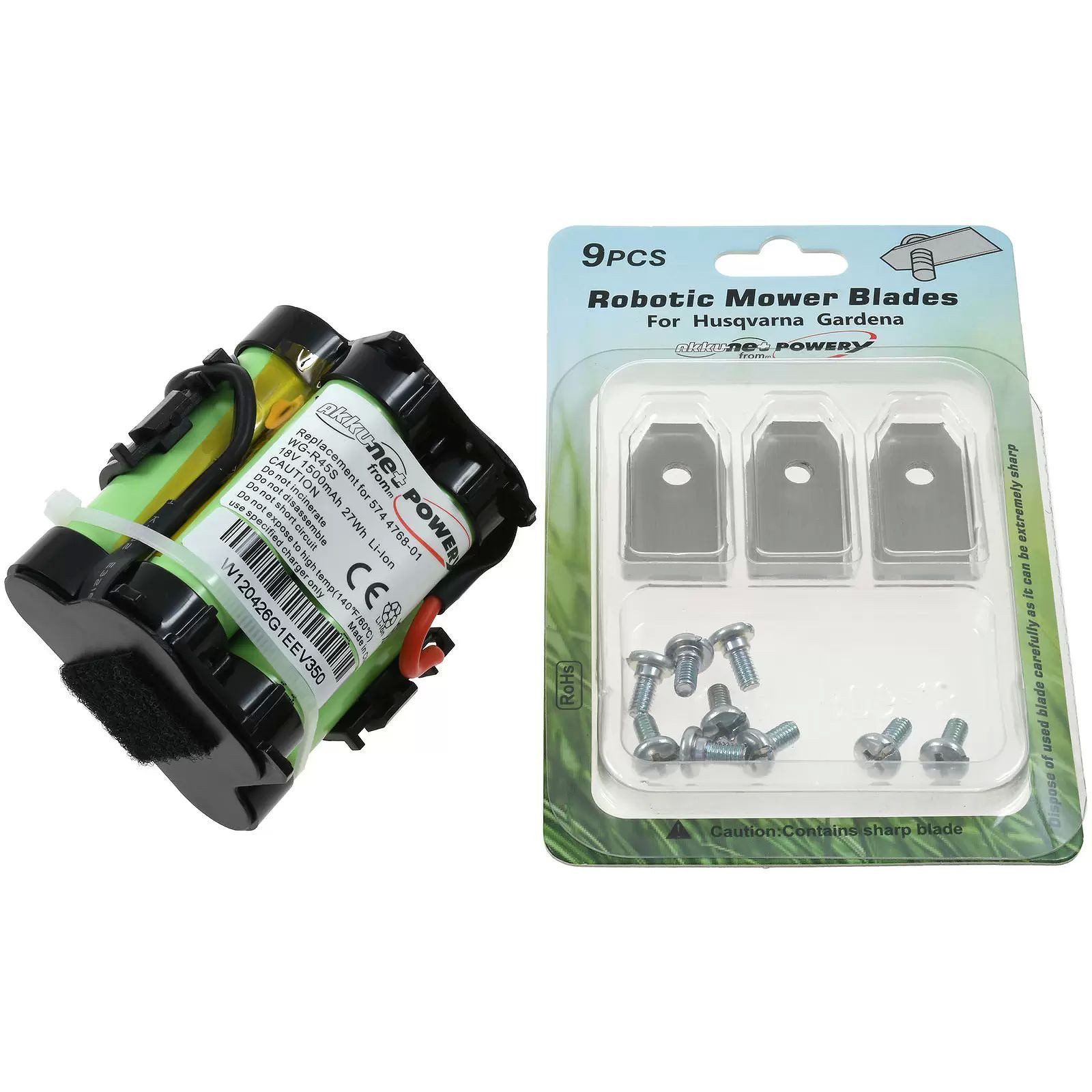 AccuCell Mährobotermesser Akku für Mähroboter Gardena R40Li/R45Li / R70Li inkl. 9x Ersatz-Messe