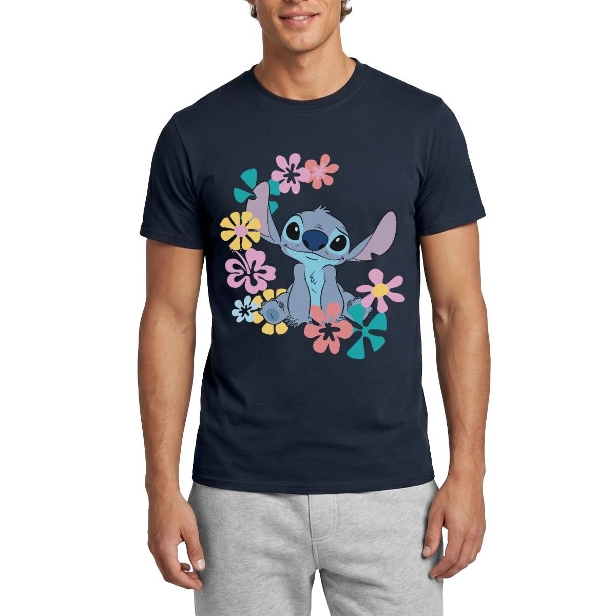 T-Shirt Lilo & Stitch, Stitch Mit Hawaiianischen Blumen Männer T-Shirt