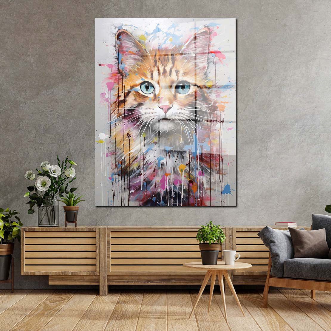 Artedinoi Acrylglasbild Katze Acrylglasbild Wandbild Abstrakt Bunt Tier Modern Deko XXL, Abstraktes Katzenporträt in leuchtenden Farben