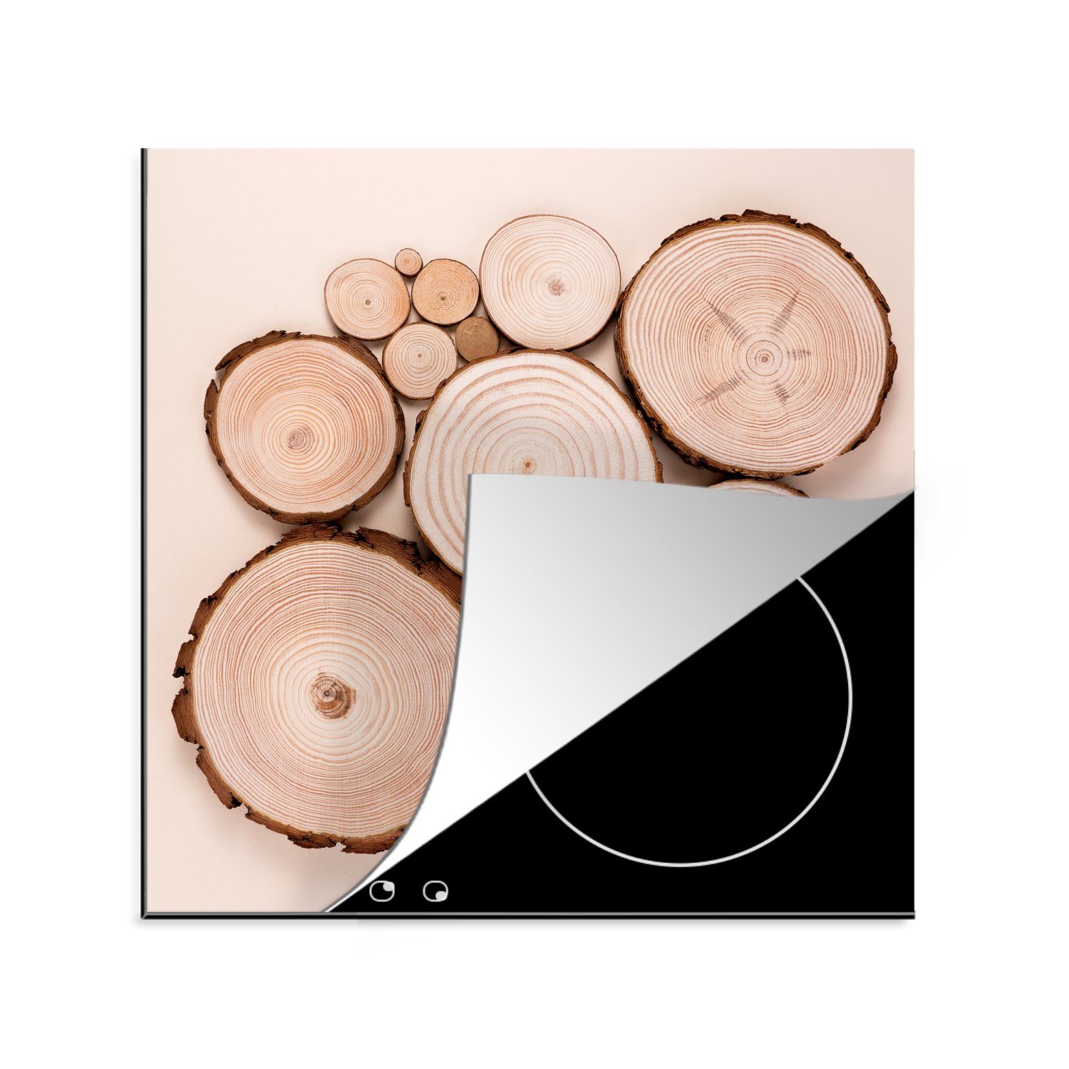 MuchoWow Herdblende-/Abdeckplatte Eine Luftaufnahme von verschiedenen Querschnitten von Baumstämmen, Vinyl, (1 tlg), 78x78 cm, Ceranfeldabdeckung, Arbeitsplatte für küche