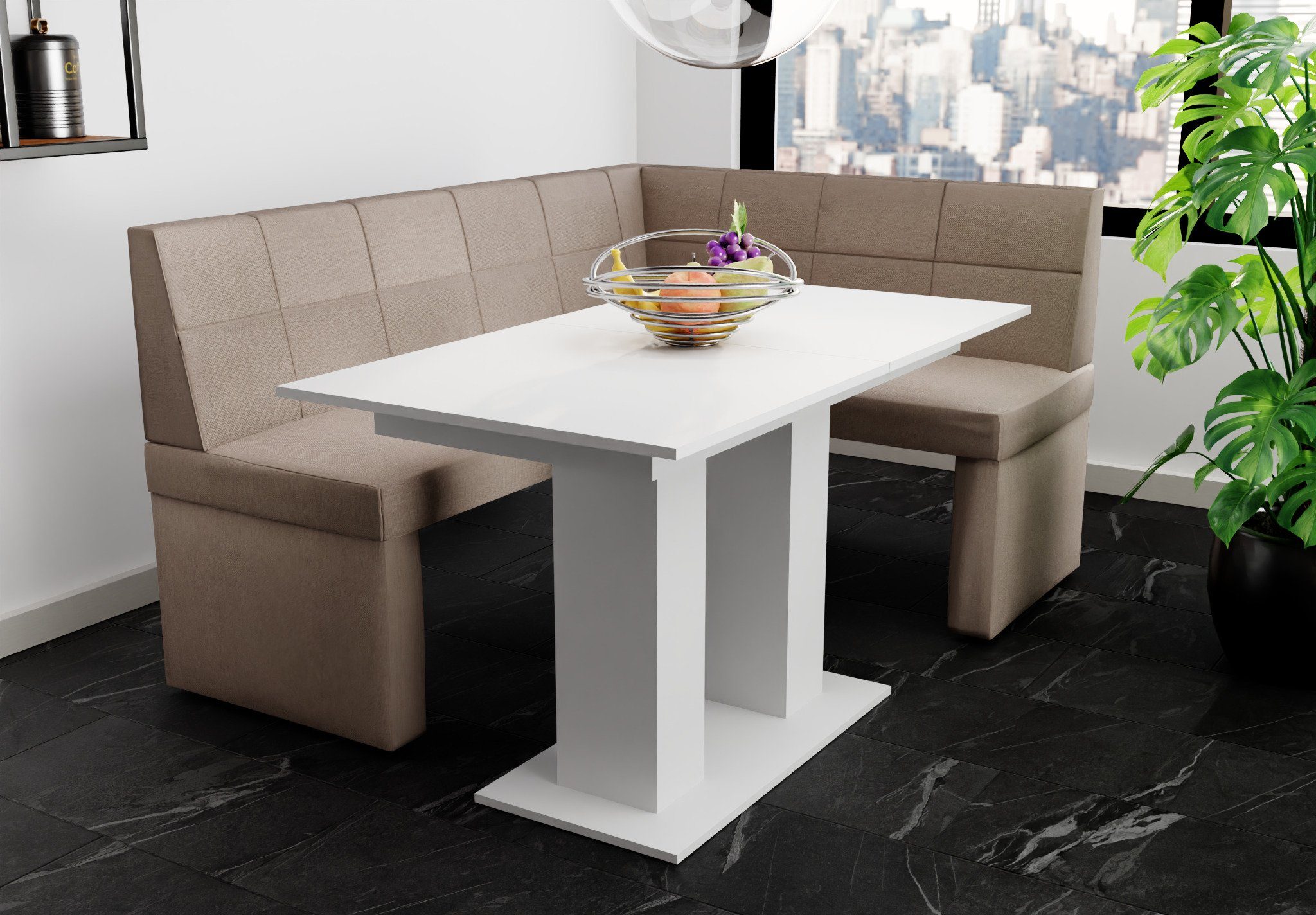 XL“ ausziehbarer Eckbankgruppe matt, „BLAKE Tisch 196x142cm Eckbankgruppe mit Tisch Weiß Fun Möbel Größe