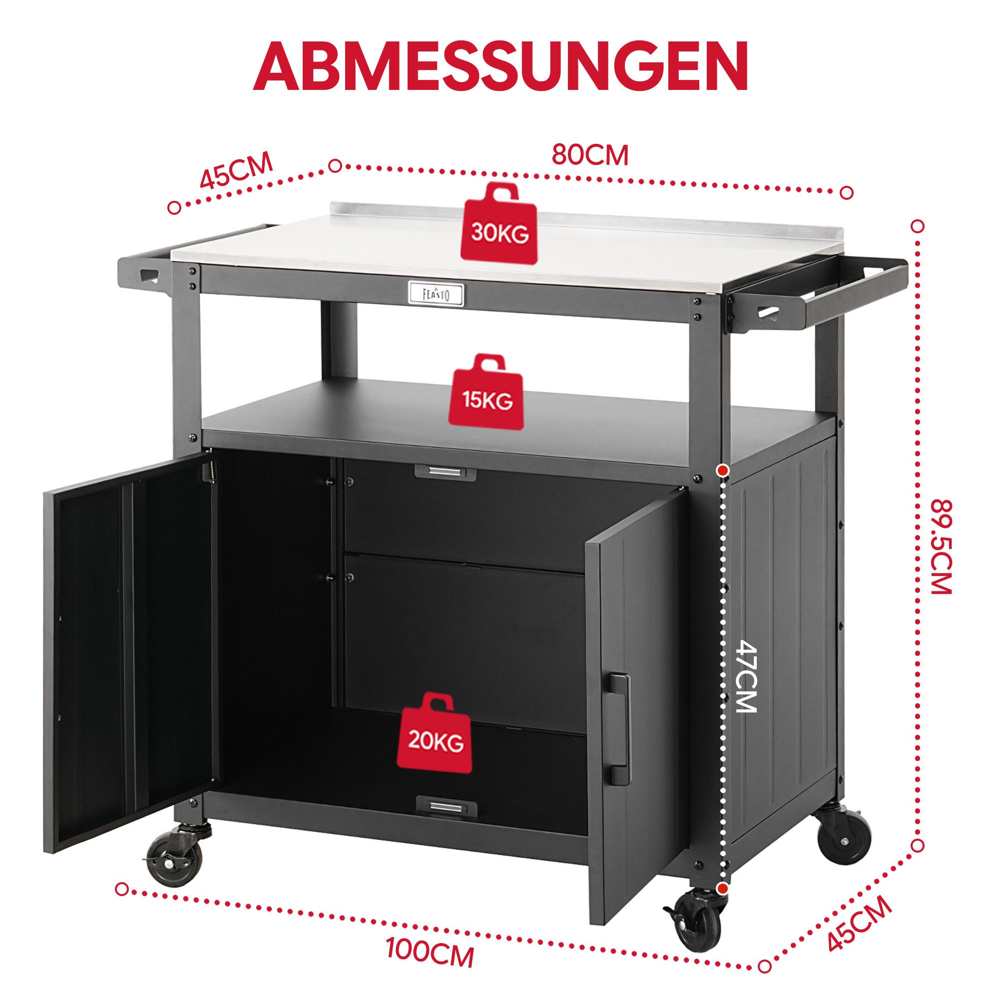 Feasto Servierwagen Grillwagen Outdoor Küche mit Edelstahl-Arbeitsplatte & Stauraum, Mobiler BBQ-Schrank mit 360° Lenkrollen, Maße 100 x 45 x 89,5 cm