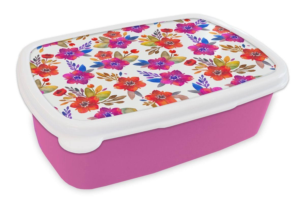 MuchoWow Lunchbox Aquarell - Blumen - lila, Kunststoff, (2-tlg), Brotbox für Erwachsene, Brotdose Kinder, Snackbox, Mädchen, Kunststoff rosa