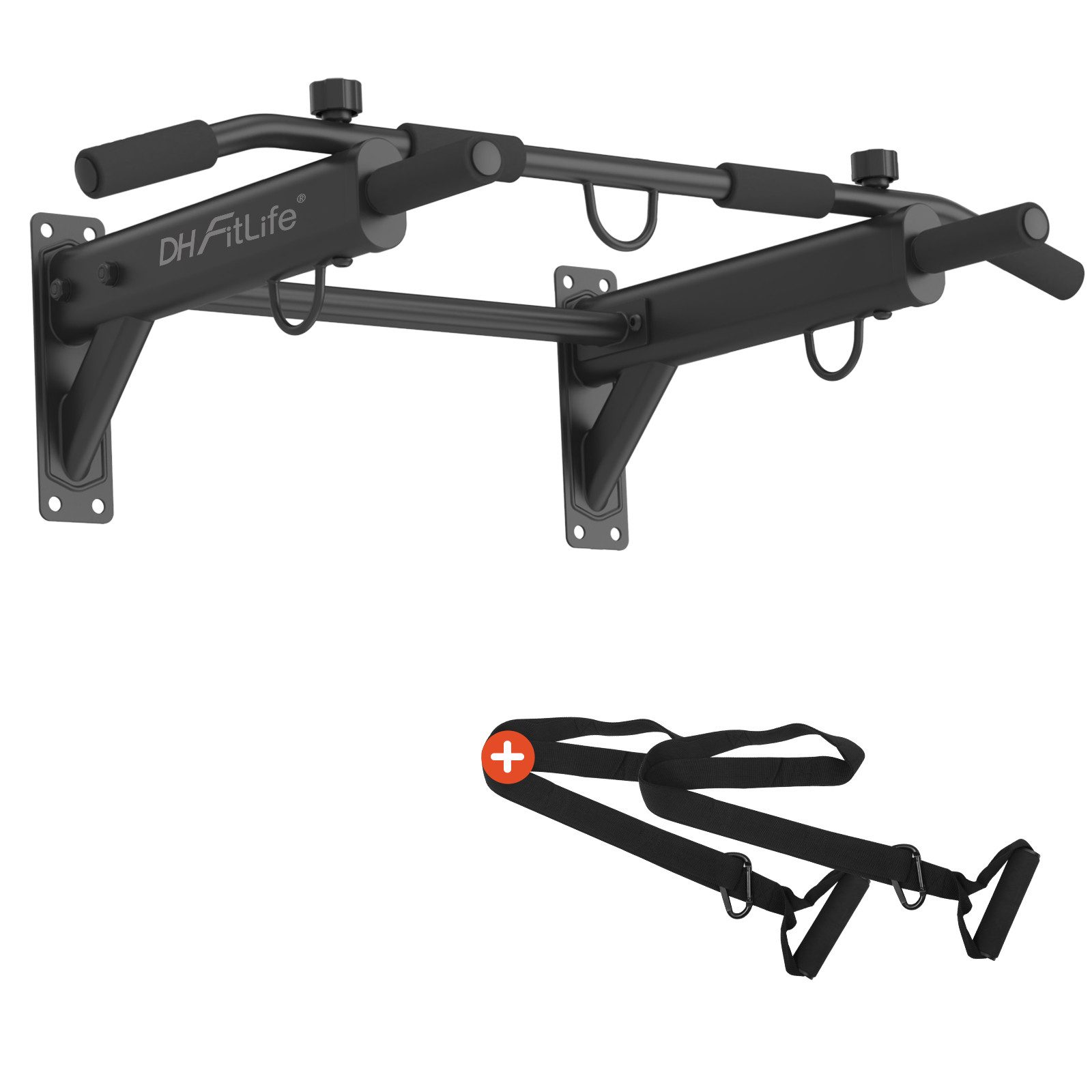 DH FitLife Klimmzugstange zur Wandmontage 4in1 mit Spreizdübel (Multifunktionale Pull-Up Bar für Zuhause bis 200kg, 6 rutschfeste Griffe), 3 Öse für Boxsack & Schlingentrainer, Sicher & Stabil