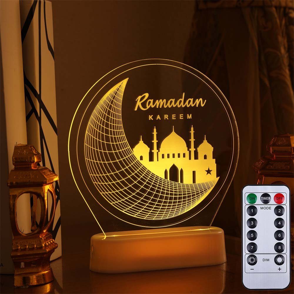 Rosnek LED Ramadan Farbwechsel, 3D Fest Islam Deko, Batterie/USB, Illusion, 7 Eid Nachtlicht Fernbedienung