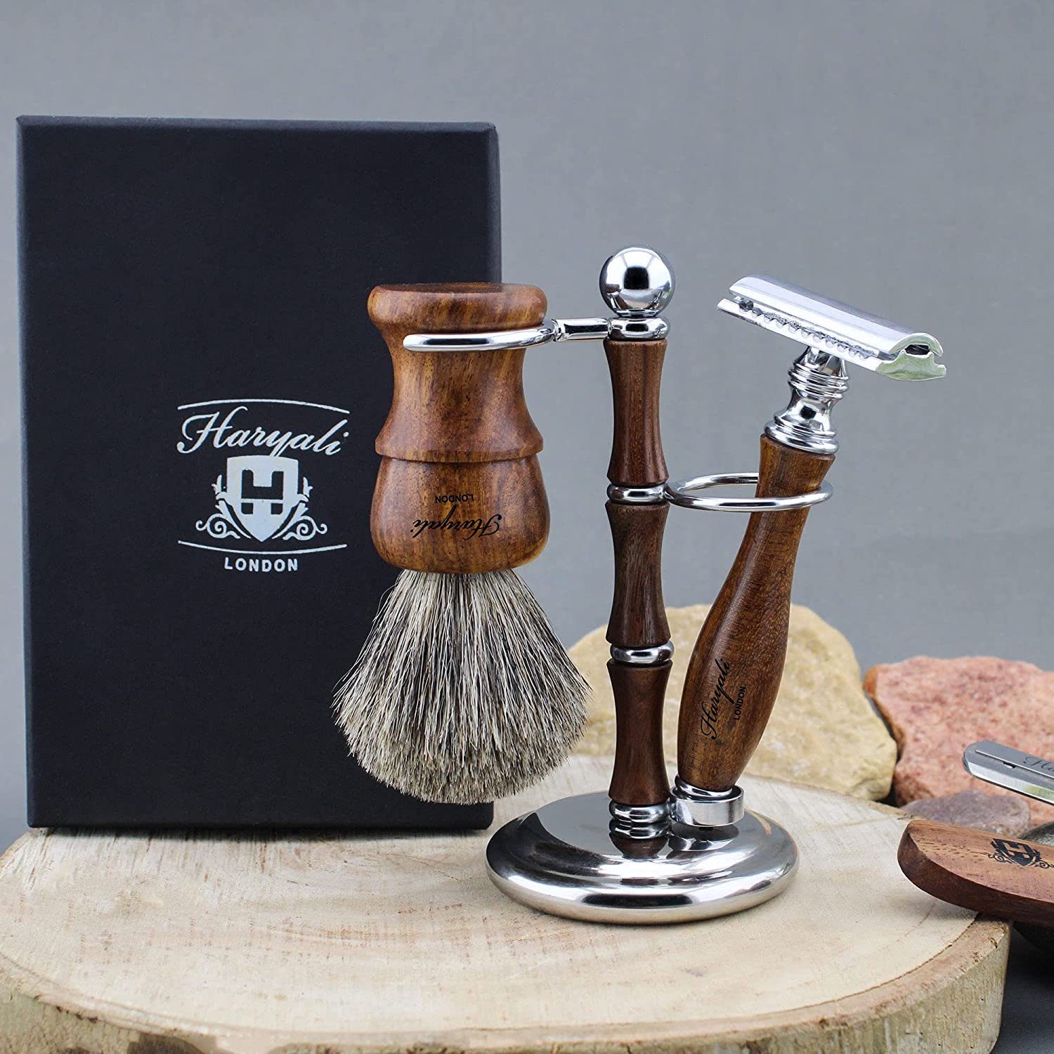 Haryali London Rasierset Rasier-Set: Ständer für Sicherheitsrasierer, 3-in-1-Rasierpinsel, Rasierpinsel pur, Zweischneidiger Rasierhobel, Doppelständer, ideal für die tägliche Rasur