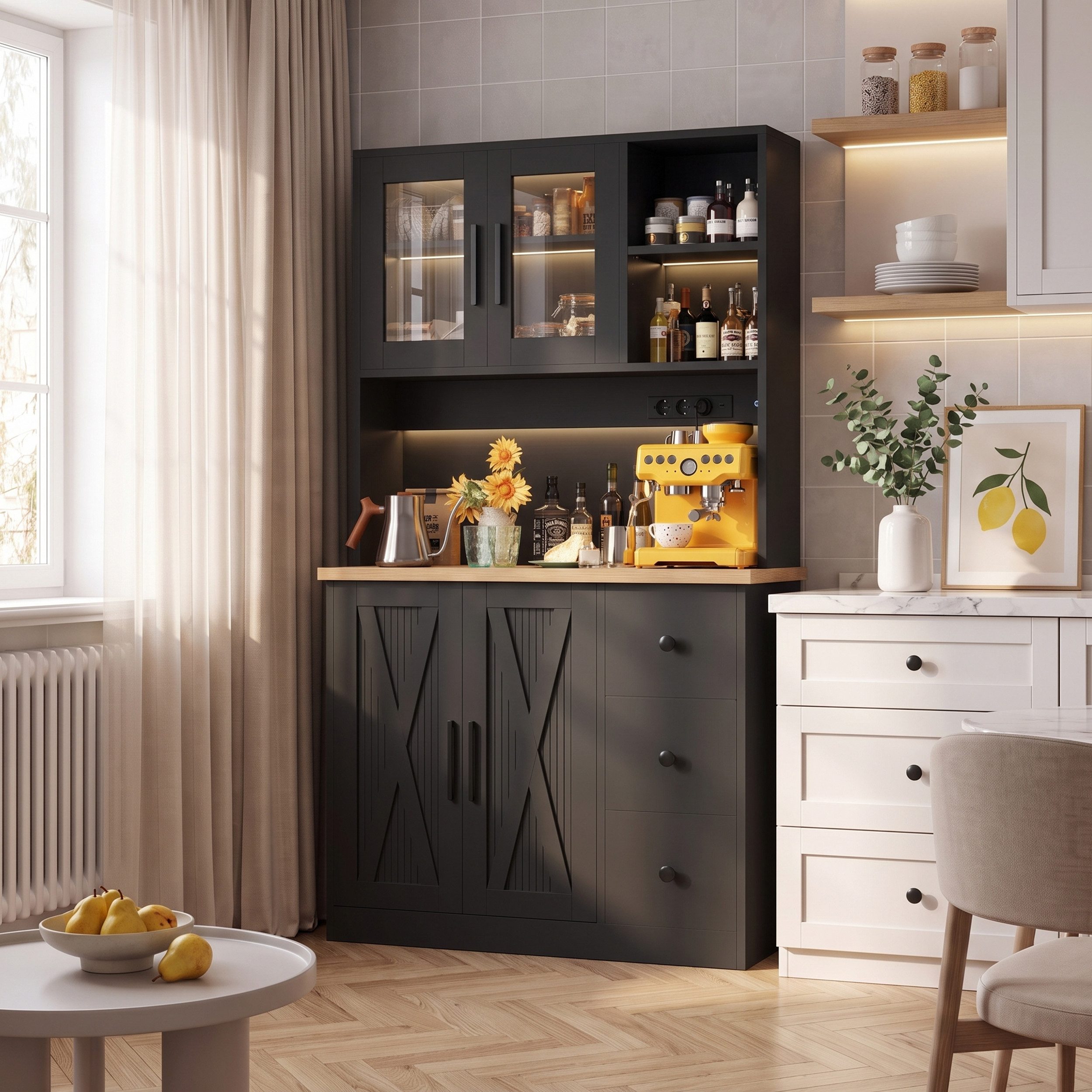 GUNJI Sideboard Geschirr Insel Schrank für Küche, Wohnzimmer und Esszimmer (modernes design Sideboards,mit LED-Beleuchtung,Steckdose)