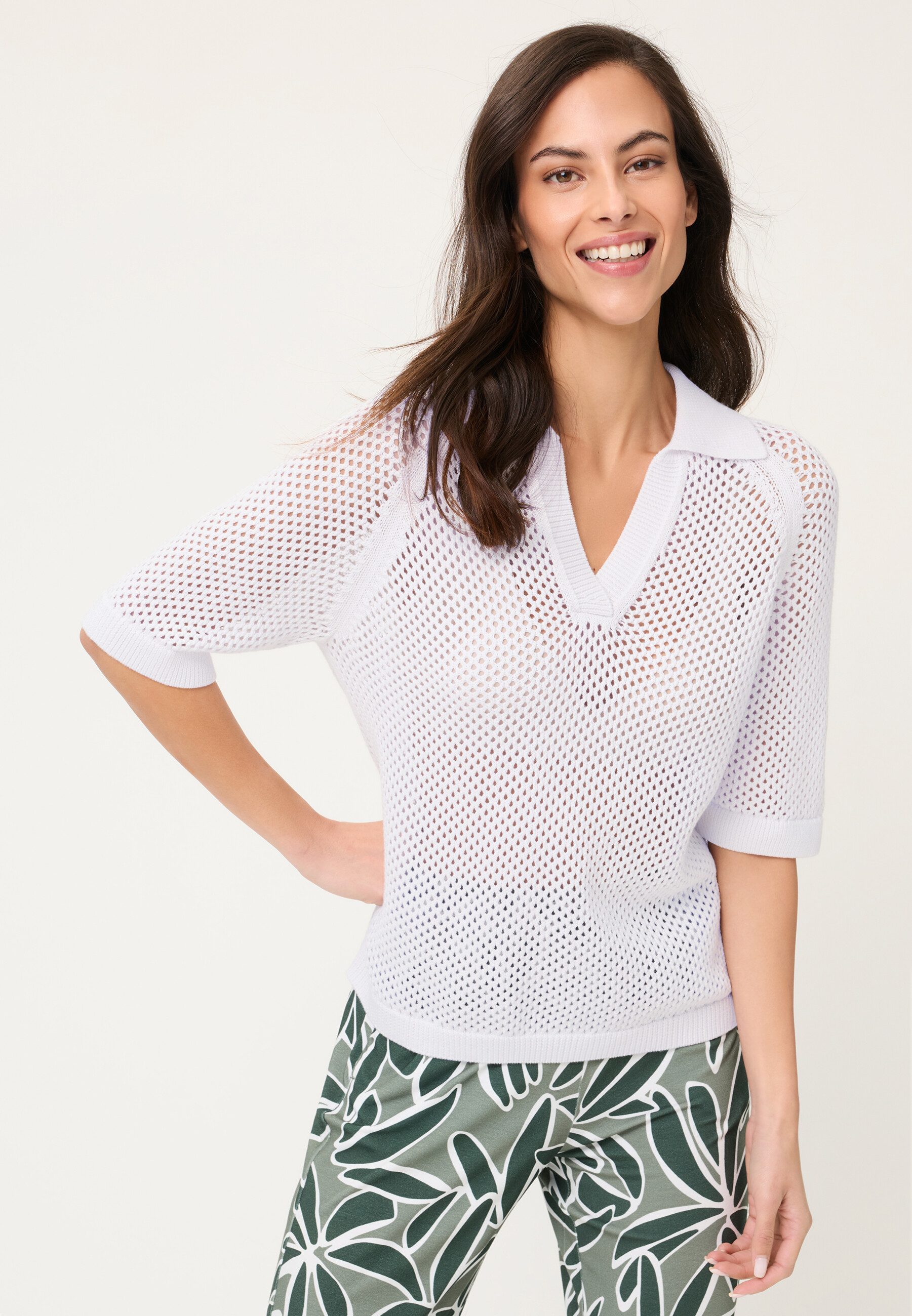 Olsen Strickpullover Pullover mit offenem Hemdkragen und Raglanärmeln