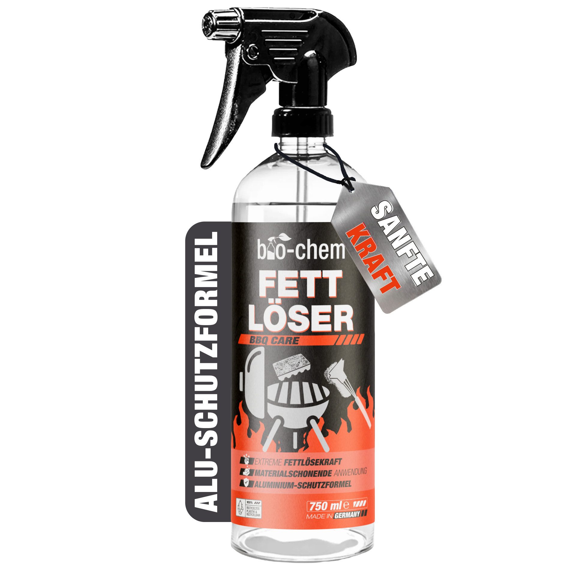 bio-chem Fettlöser mit Alu-Schutzformel - Effektiv, Materialschonend Grillreiniger (Einzelprodukt, [- Fettlöser 0.75 l Handsprayflasche Materialschonend & lebensmittelecht)