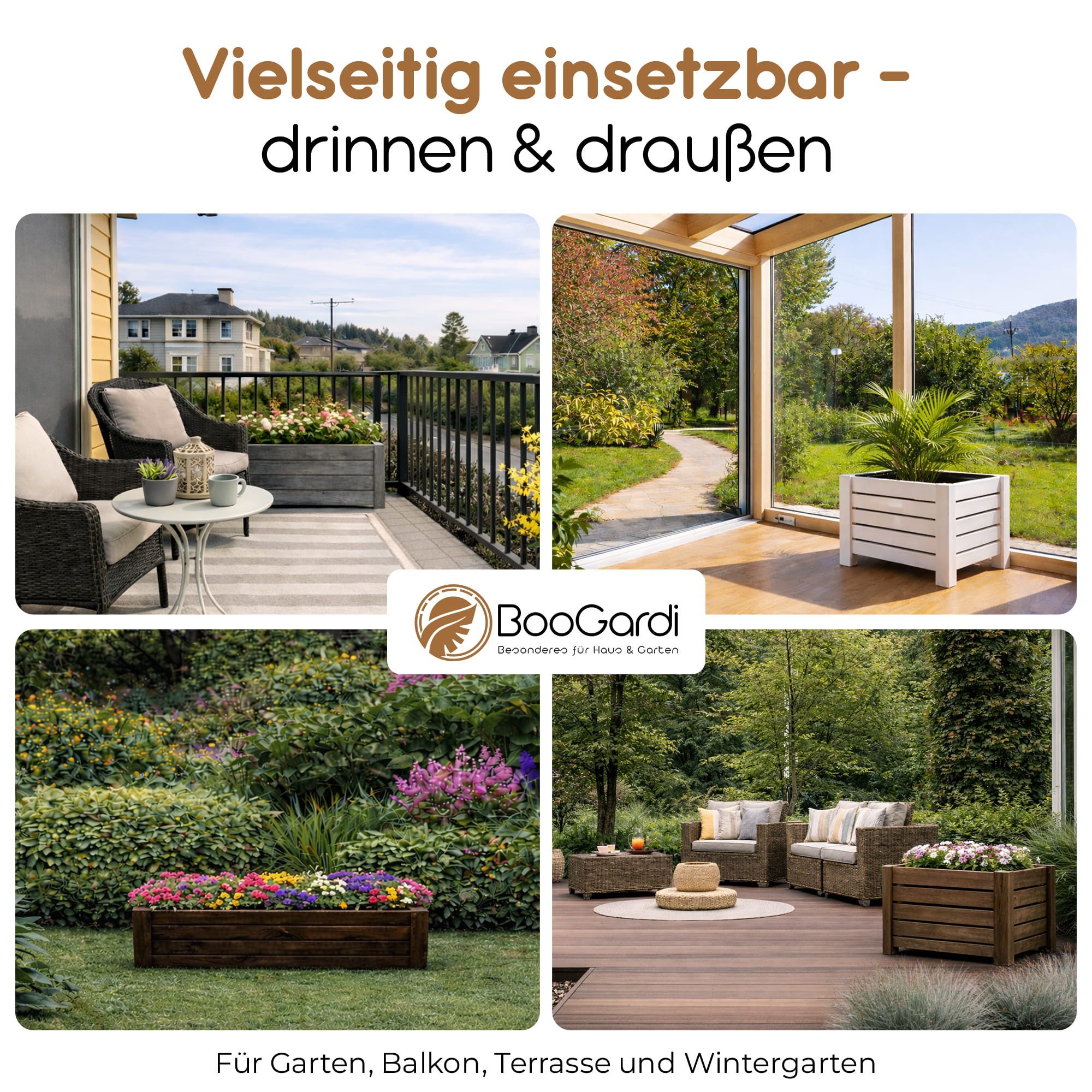 BooGardi Pflanzkübel Pflanzkasten Holz mit Vlies · 2 Größen & 4 Farben (1 St., Blumenkasten außen rechteckig · 79x39x30cm Hellbraun · groß), Blumenkübel für Balkon, Terrasse & Garten